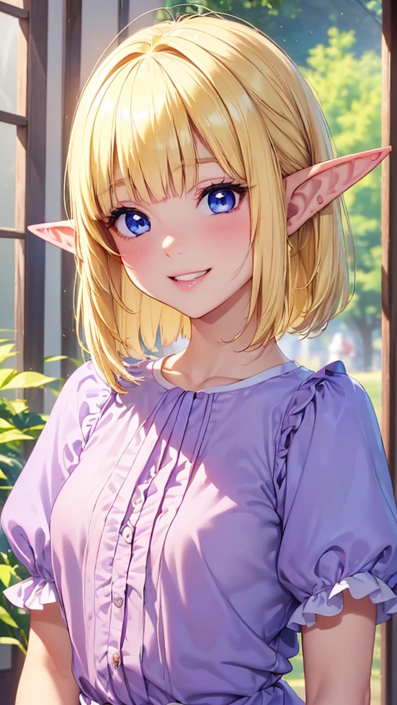 Very close、((Focus on the upper body))、16k、masterpiece、High resolution、High resolution、((1 young elven woman))、((Beautiful white skin))、((Beautiful blonde))、((Small breasts))、Bunhead、short hair、((Beautiful Blue Eyes))、((Pointed Ears))、Smiling Kindly、Grin、blush、Pink Lip Gloss、Shiny skin、((Purple blouse with ruffles))、Open Cafe