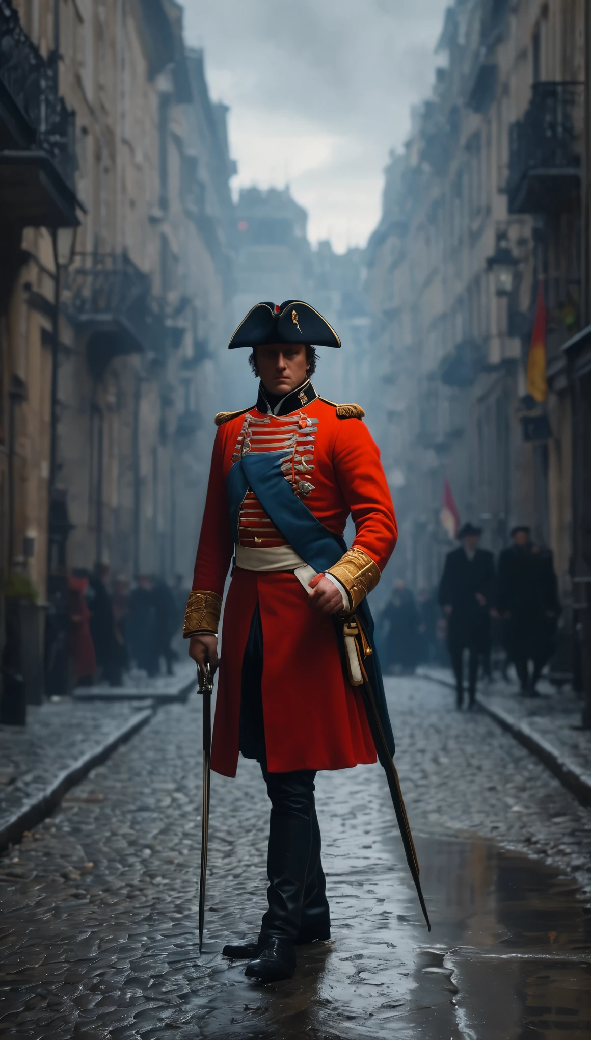 Depict Napoleon's expression as one of frustration and uncertainty as he realizes the city is deserted, in wars, background dark, hyper realistic, ultra detailed hyper realistic, photorealistic, Studio Lighting, reflections, dynamic pose, Cinematic, Color Grading, Photography, Shot on 50mm lens, Ultra-Wide Angle, Depth of Field, hyper-detailed, beautifully color, 8k