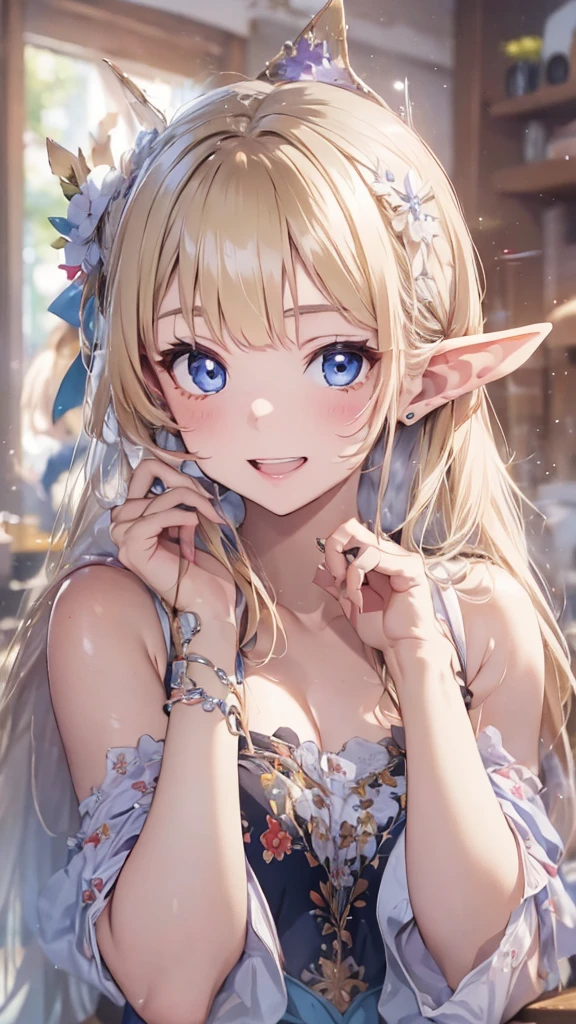 Very close、((Focus on the upper body))、16k、masterpiece、High resolution、High resolution、((1 young elven woman))、((Beautiful white skin))、((Beautiful blonde))、((Small breasts))、Bunhead、short hair、((Beautiful Blue Eyes))、((Pointed Ears))、Smiling Kindly、Grin、blush、Pink Lip Gloss、Shiny skin、((Purple ruffled top))、Open Cafe