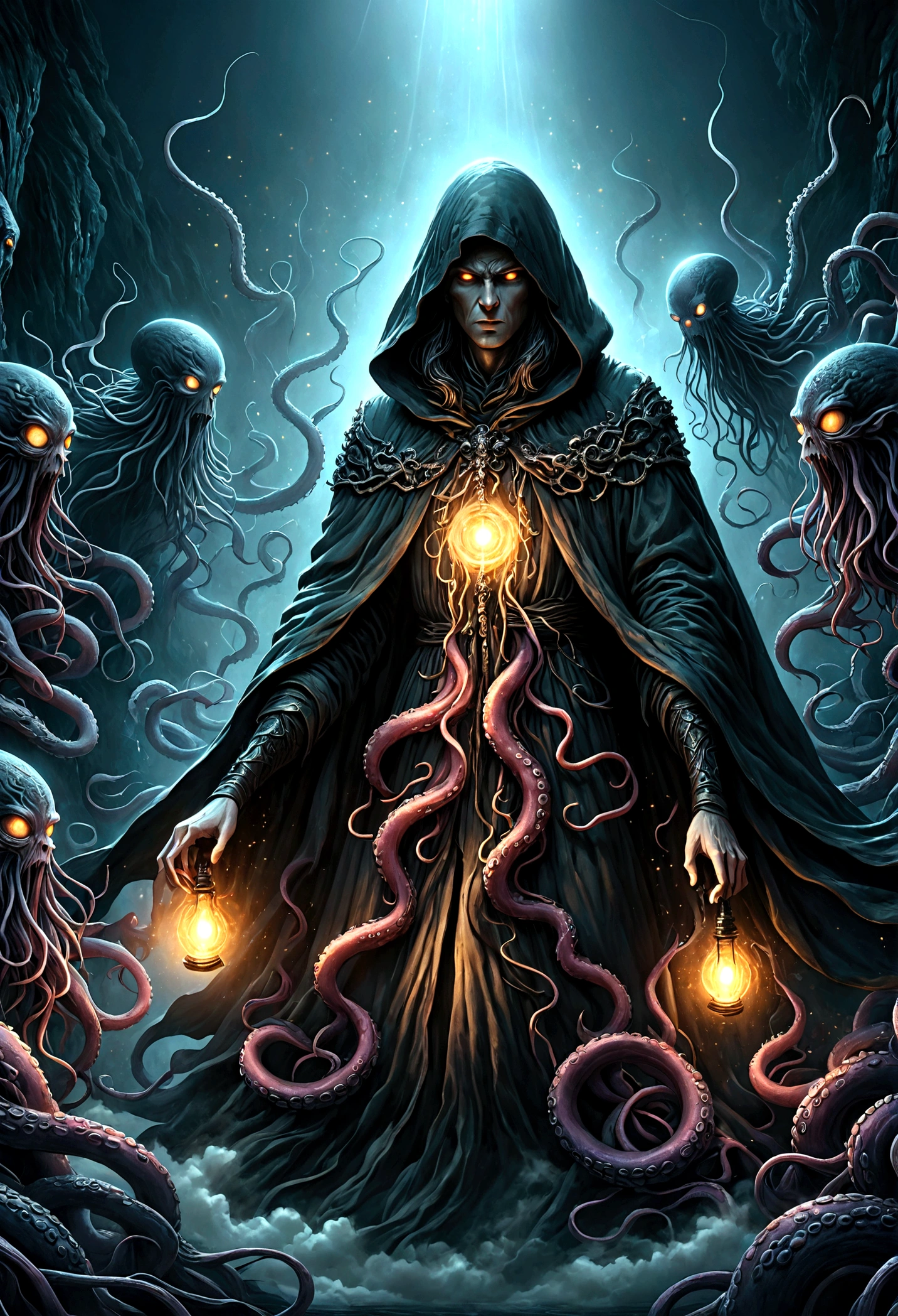 cosmic horror, eldritch abomination, long tentacles, divine and demonic figures, hooded cloak, chiaroscuro, dark moody atmosphere, dramatic lighting, high contrast, rich textures, cinematic composition, surreal and unsettling, photorealistic, masterpiece, 8k, ultra-detailed, intricate details, dramatic shadows, glowing eyes, ethereal energy, otherworldly, dreamlike, epic scale, complex design