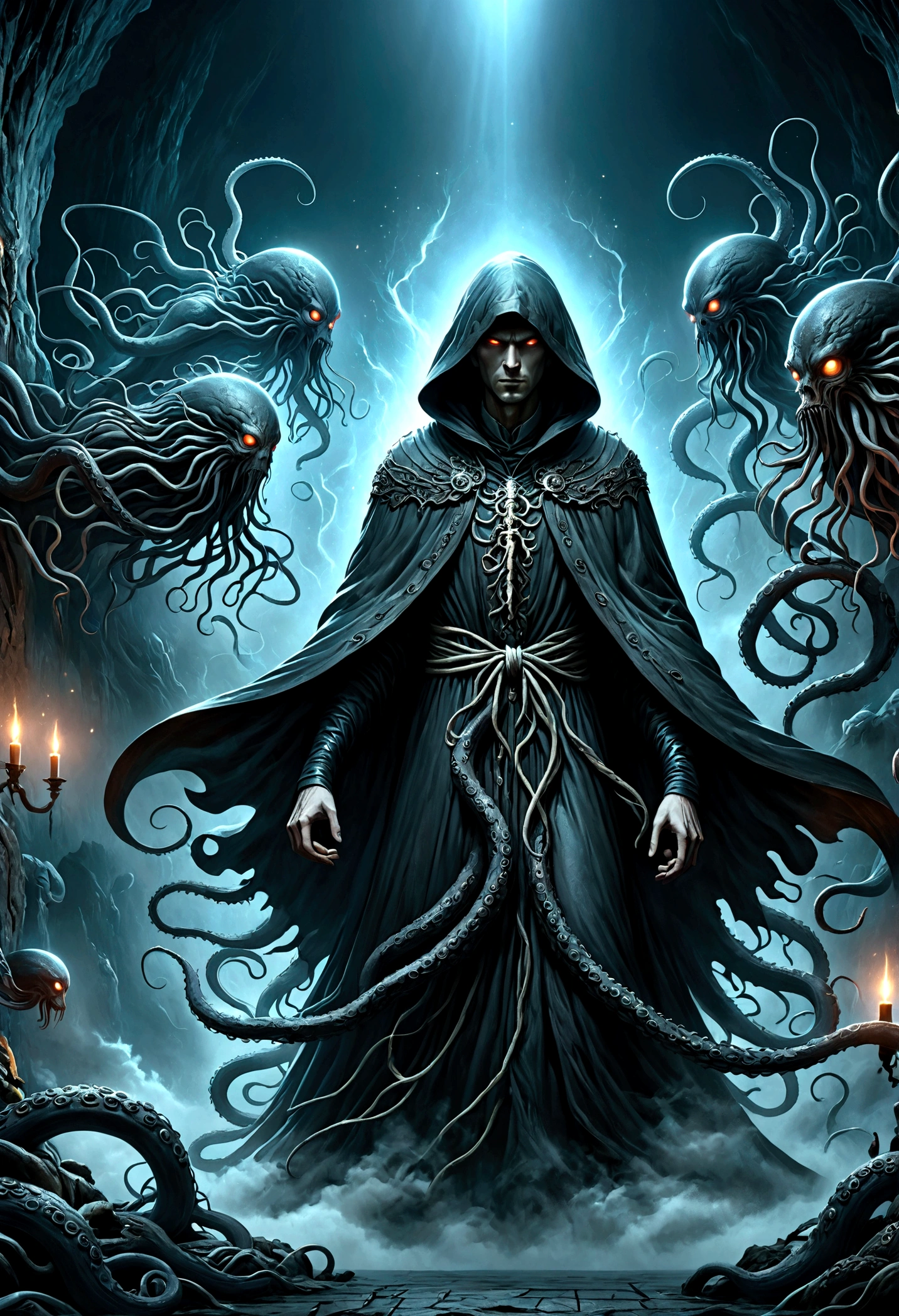 cosmic horror, eldritch abomination, long tentacles, divine and demonic figures, hooded cloak, chiaroscuro, dark moody atmosphere, dramatic lighting, high contrast, rich textures, cinematic composition, surreal and unsettling, photorealistic, masterpiece, 8k, ultra-detailed, intricate details, dramatic shadows, glowing eyes, ethereal energy, otherworldly, dreamlike, epic scale, complex design