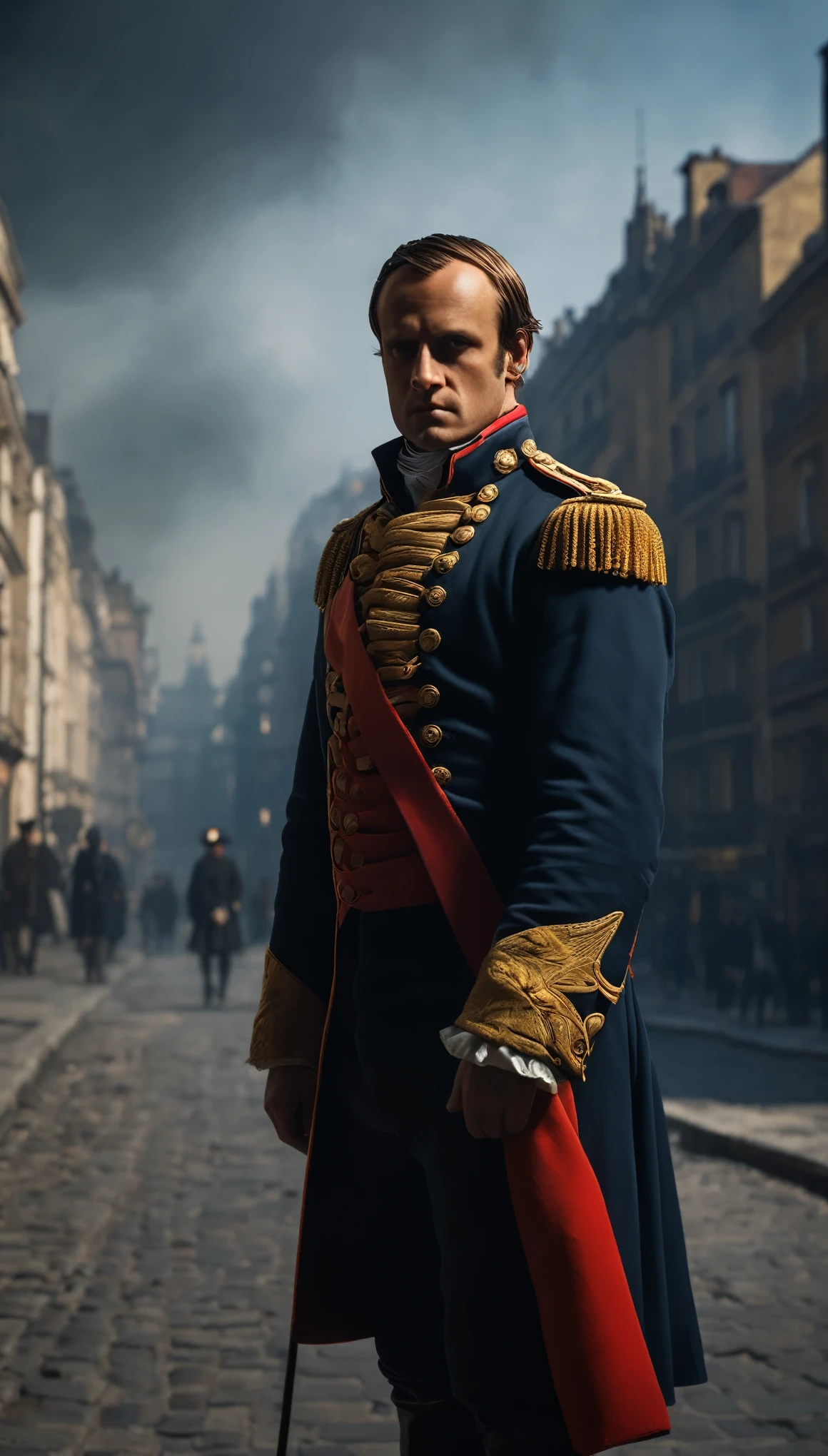 Depict Napoleon's expression as one of frustration and uncertainty as he realizes the city is deserted, in wars, background dark, hyper realistic, ultra detailed hyper realistic, photorealistic, Studio Lighting, reflections, dynamic pose, Cinematic, Color Grading, Photography, Shot on 50mm lens, Ultra-Wide Angle, Depth of Field, hyper-detailed, beautifully color, 8k