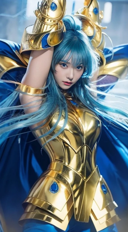 masterpiece. Incredibly detailed and ultra-realistic.((Large Breasts:1.3)), High resolution image of Camus from Saint Seiya. Octane、この16k写真のmasterpieceの最も柔らかいディテールを捉えるのに最適なツールです。. Full body portrait of a handsome young man, About 30 years old. One girl. White (French). Looking down. A little side view. A strong and sophisticated face. Serious expression. Cold look. Serious expression. Beautiful Nose, (Quite large, expressive blue eyes). Perfect Eyes. ((Shaven)). ((Light petrol blue hair)). ((Messy Hair with bangs)). ((Messy Hair)). Wearing very realistic golden armor. ((Shining golden armor)), Blue Tide Pants. Raise your arms above your head. Blue Cape. Colorful space background. Cinematic Light.