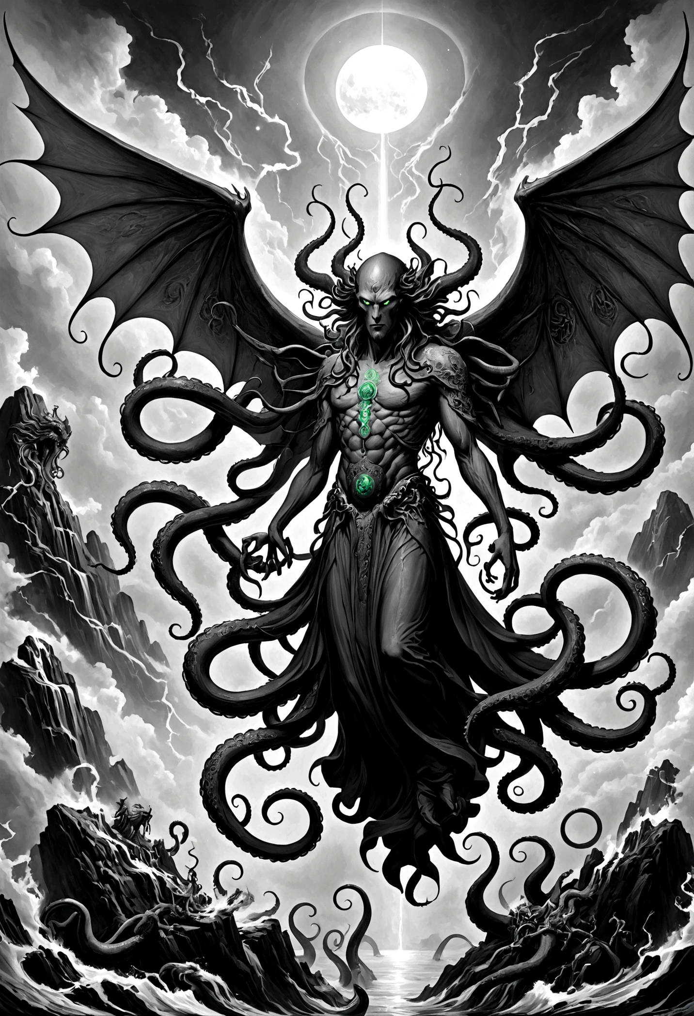 a terrifying ancient eldritch entity, cthulhu mythos, cosmic horror, long tentacles, wings, divine and demonic form, cloak, contrast, relativity, quantum mechanics, abyss, nightmarish existence, insane, bizarre, (best quality,4k,8k,highres,masterpiece:1.2),ultra-detailed,(realistic,photorealistic,photo-realistic:1.37),dark moody atmosphere, cinematic lighting, dramatic shadows, muted colors, chiaroscuro