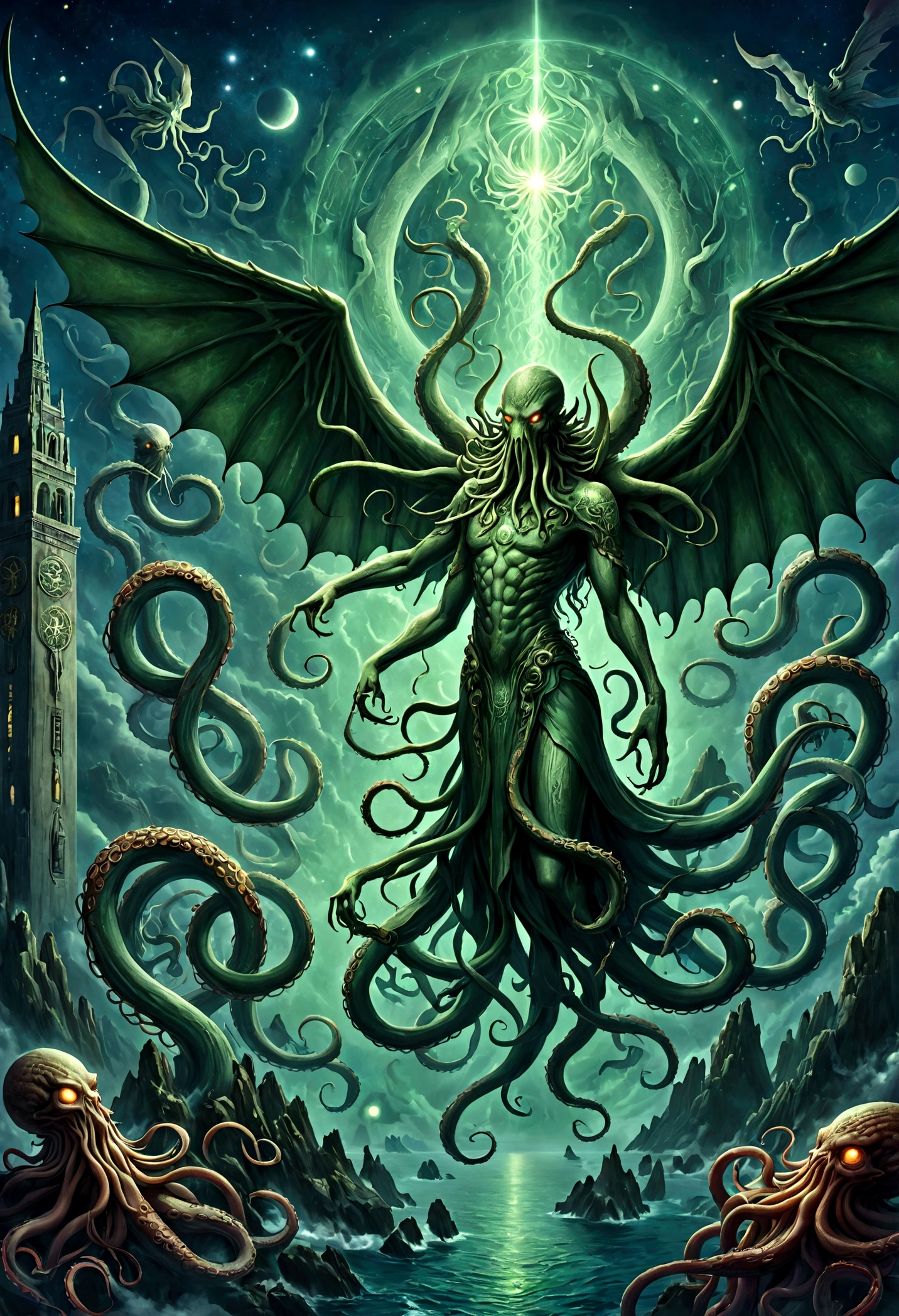 a terrifying ancient eldritch entity, cthulhu mythos, cosmic horror, long tentacles, wings, divine and demonic form, cloak, contrast, relativity, quantum mechanics, abyss, nightmarish existence, insane, bizarre, (best quality,4k,8k,highres,masterpiece:1.2),ultra-detailed,(realistic,photorealistic,photo-realistic:1.37),dark moody atmosphere, cinematic lighting, dramatic shadows, muted colors, chiaroscuro