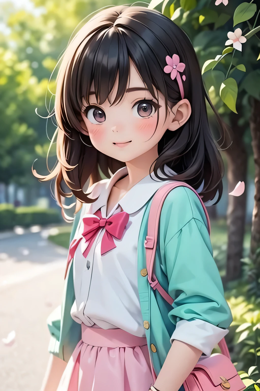 highest quality、High resolution、Detailed Background、(Detailed eyes:1.2)、10 year old beautiful girl、(Highly detailed face:1.4)、Huge breasts、Cute hair color、Cute hairstyle、
Carrying your backpack tightly、Walking energetically with small steps、
Holding hands with friends、While smiling and chatting、Cherry blossom petals fluttering、Going to school happily、
So cute!、It&#39;s soothing to watch.、
The way to school、A moment of fun、
Of girls with exciting hearts、A scene of friendship、
I can&#39;t help but smile、Such a day々In the scenery、

Watching over your little back makes me feel kind、
Because we wish for a childlike innocence and healthy growth、
The designs of stylish and clean-looking T-shirts and polo shirts decorated with frills and ribbons are intended to help people improve their lives.、Skirts and culottes are suitable、Jackets and cardigans are recommended、
The design is decorated with ribbons and lace for a cute look.、Sneakers or flat shoes are recommended