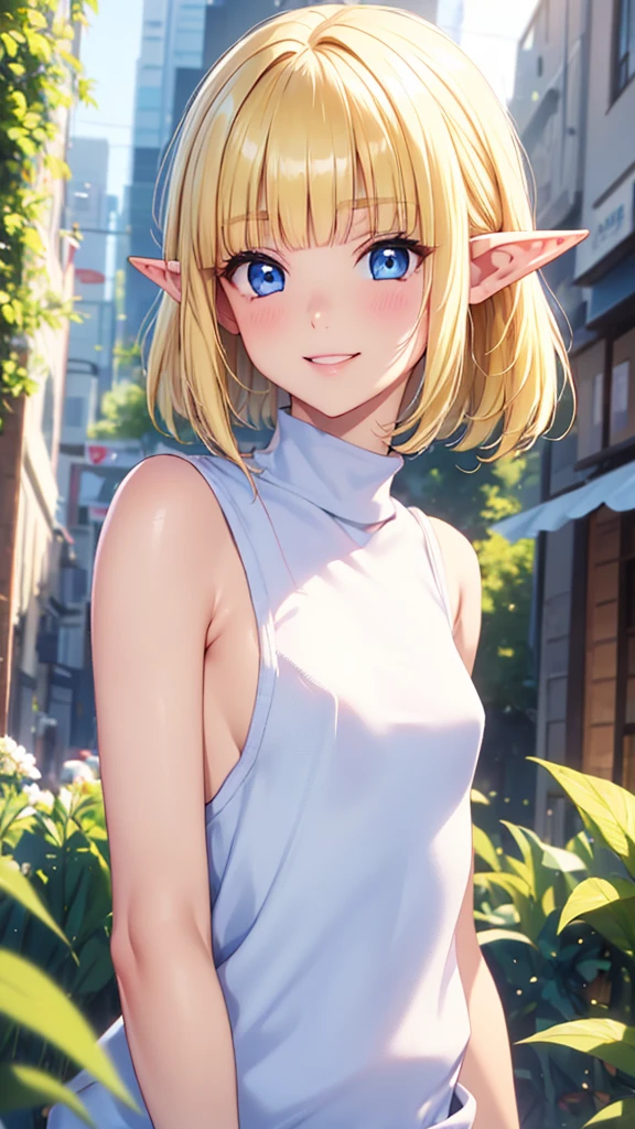 Very close、((Focus on the upper body))、16k、masterpiece、High resolution、High resolution、((1 young elven female))、((Beautiful white skin))、((Beautiful blonde))、((Small breasts))、Bun Head、short hair、((Beautiful Blue Eyes))、((Pointy Ears))、Smiling Kindly、Grin、blush、Pink Lip Gloss、Shiny skin、((Sleeveless Summer Sweater))、((In a crowded city))、Courting me