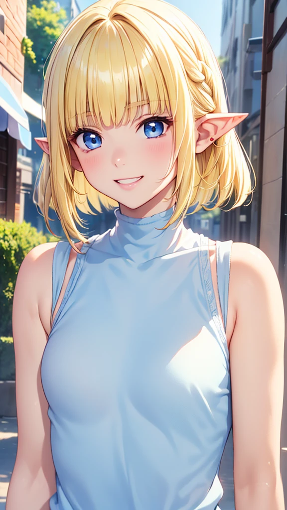 Very close、((Focus on the upper body))、16k、masterpiece、High resolution、High resolution、((1 young elven female))、((Beautiful white skin))、((Beautiful blonde))、((Small breasts))、Bun Head、short hair、((Beautiful Blue Eyes))、((Pointy Ears))、Smiling Kindly、Grin、blush、Pink Lip Gloss、Shiny skin、((Sleeveless Summer Sweater))、((In a crowded city))、Courting me