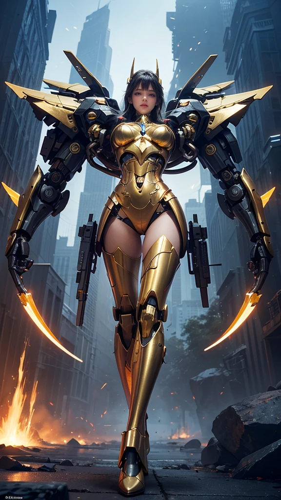 "((Surreal)) cyborg, It looks like an empty mountain, ((Mecha Gold Body)), ((Translucent glass limbs)), Mechanic&#39;s outfit, ((Girl with bad attitude)), Dynamic Lighting, Complex reflections, ((Edgy cyberpunk vibe)). Blonde,Golden Eyes ,All Golden ,Yoga poses ,Military pose,Emo