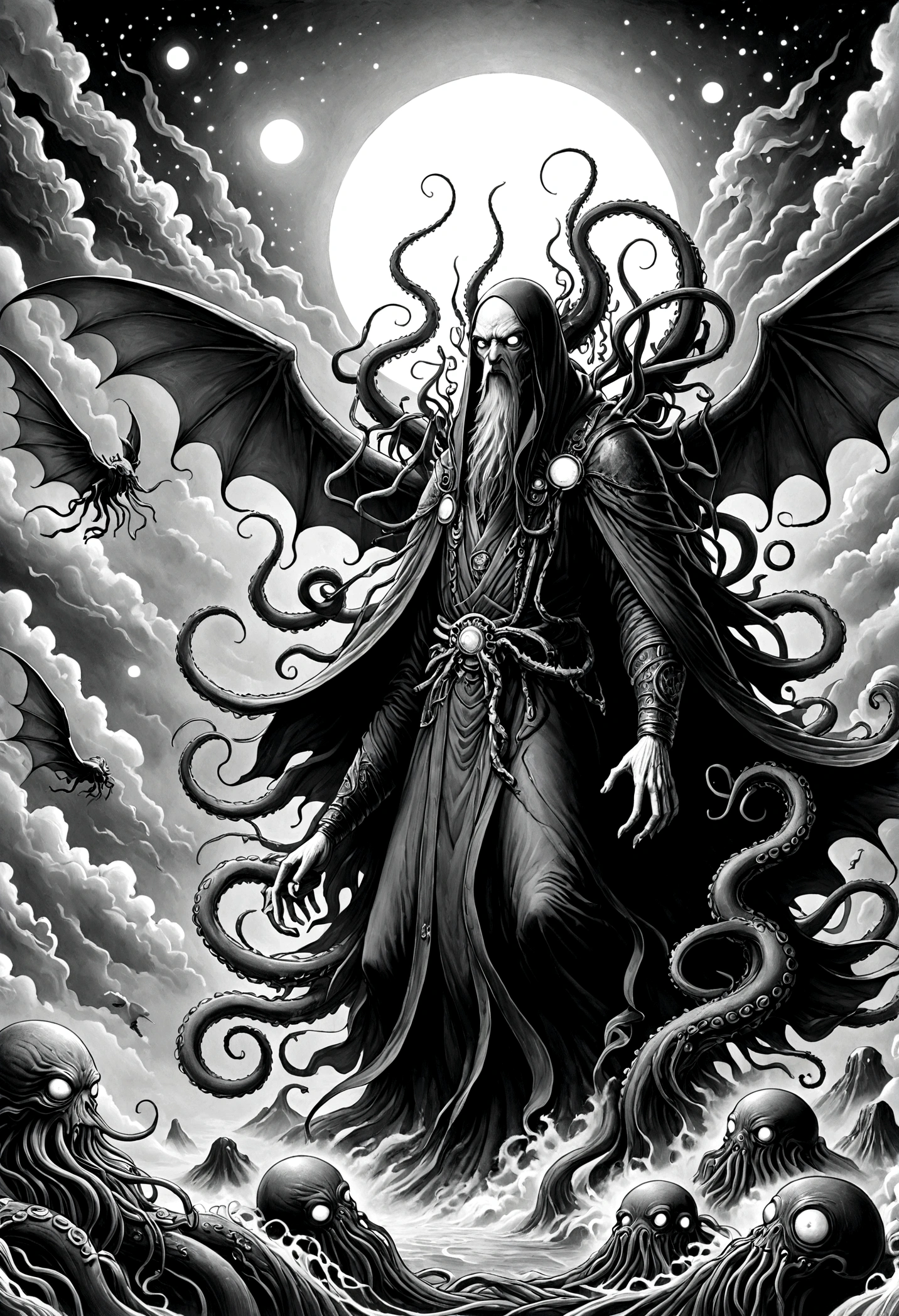 a terrifying ancient eldritch entity, cthulhu mythos, cosmic horror, long tentacles, wings, divine and demonic form, cloak, contrast, relativity, quantum mechanics, abyss, nightmarish existence, insane, bizarre, (best quality,4k,8k,highres,masterpiece:1.2),ultra-detailed,(realistic,photorealistic,photo-realistic:1.37),dark moody atmosphere, cinematic lighting, dramatic shadows, muted colors, chiaroscuro