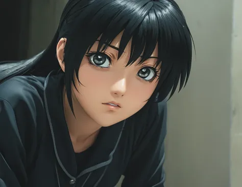 low angle full body motion picture still from below,one girl,alone,black hair,black eye,parody,close,black hair,long hair,,eroge...