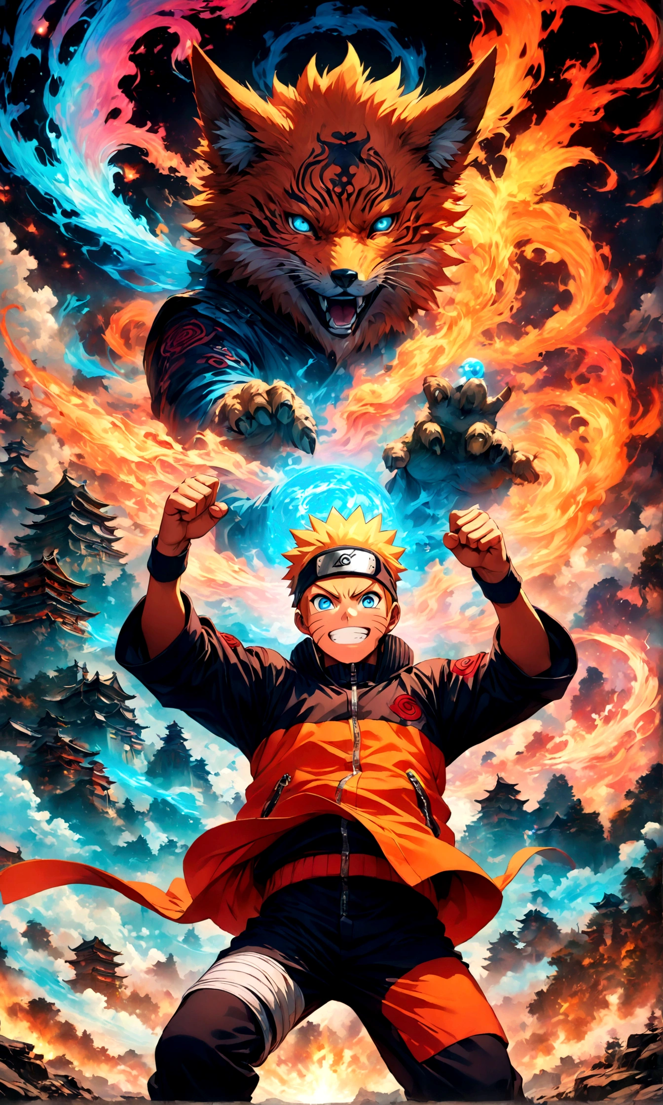 (1 teenager,uzumaki naruto),comics『Naruto』character,Focus on boys,Scroll to expand,Use of magic,Fighting Style,Sarcastic smile,Magical Effects,Intricate details,Wide range of colors,artwork,rendering,(masterpiece:1.3),(highest quality:1.4),(Very detailed:1.5),High resolution,Very detailed,unity 8k wallpaper,Enjoy the fight,Draw a nine-tailed fox in neon colors on the background