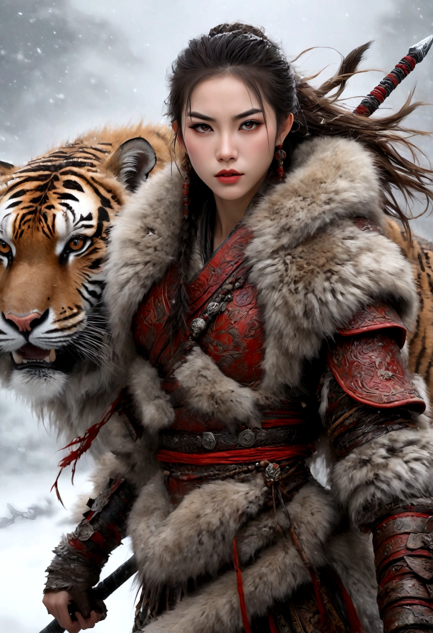 (best quality,4K,8k,high resolution,masterpiece:1.2),Very detailed,(current,photocurrent,photo-current:1.37),Thick fur winter coat,Creative fusion of traditional Chinese design patterns and contemporary elements, High Ponytail，There is blood on the face，Red paint， Strong expression, Full of energy, Sharp eyes, 1 warrior, Handsome face, Tiger beast, Epic Fantasy Character Art, wearing intricate fur armor, Luis Royo (Luis Royo) style, Northern female warrior holding a spear, HDR, Ultra high quality, Studio Lighting, Ultra-fine, Be focused, Physically Based Rendering, Very detailed description, professional, Vibrant colors, bokeh, portrait, landscape