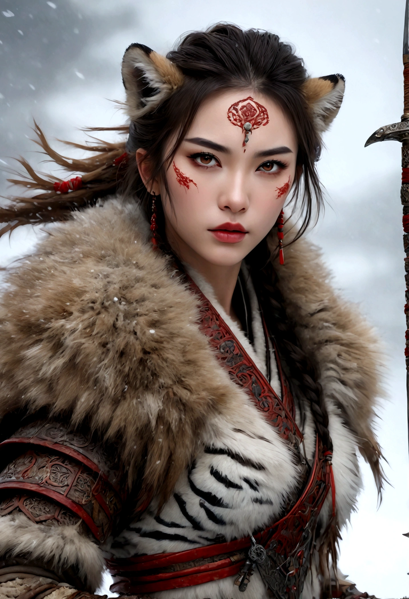 (best quality,4K,8k,high resolution,masterpiece:1.2),Very detailed,(current,photocurrent,photo-current:1.37),Thick fur winter coat,Creative fusion of traditional Chinese design patterns and contemporary elements, High Ponytail，There is blood on the face，Red paint， Strong expression, Full of energy, Sharp eyes, 1 warrior, Handsome face, Tiger beast, Epic Fantasy Character Art, wearing intricate fur armor, Luis Royo (Luis Royo) style, Northern female warrior holding a spear, HDR, Ultra high quality, Studio Lighting, Ultra-fine, Be focused, Physically Based Rendering, Very detailed description, professional, Vibrant colors, bokeh, portrait, landscape