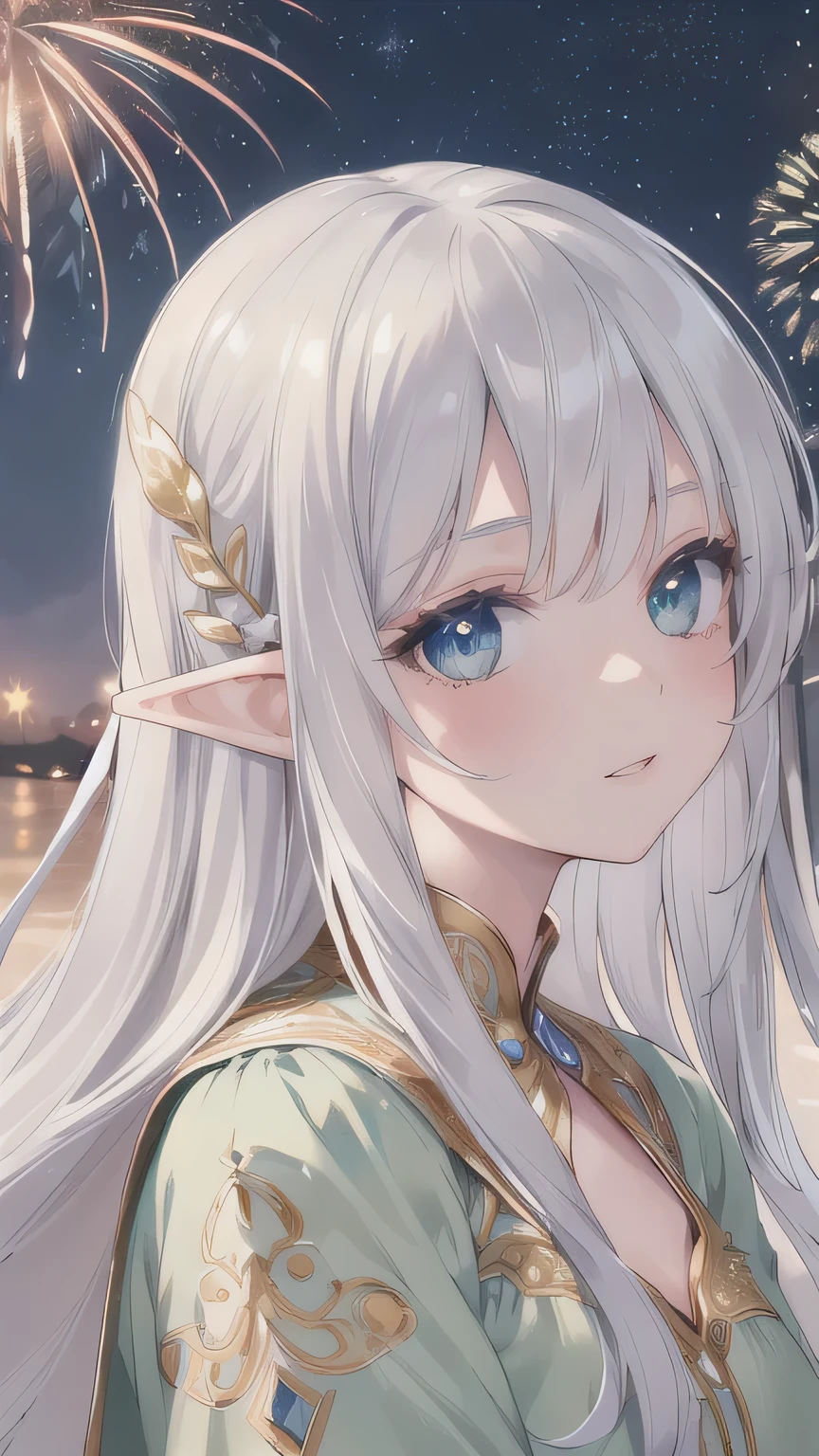 ((best quality)), ((masterpiece)), (detailed), perfect detailed eyes, perfect detailed face, ultra-detailed nose, beauty, cowboy shot, silver hair, elf, Green dress, gold embroidery, night, fireworks, looking up