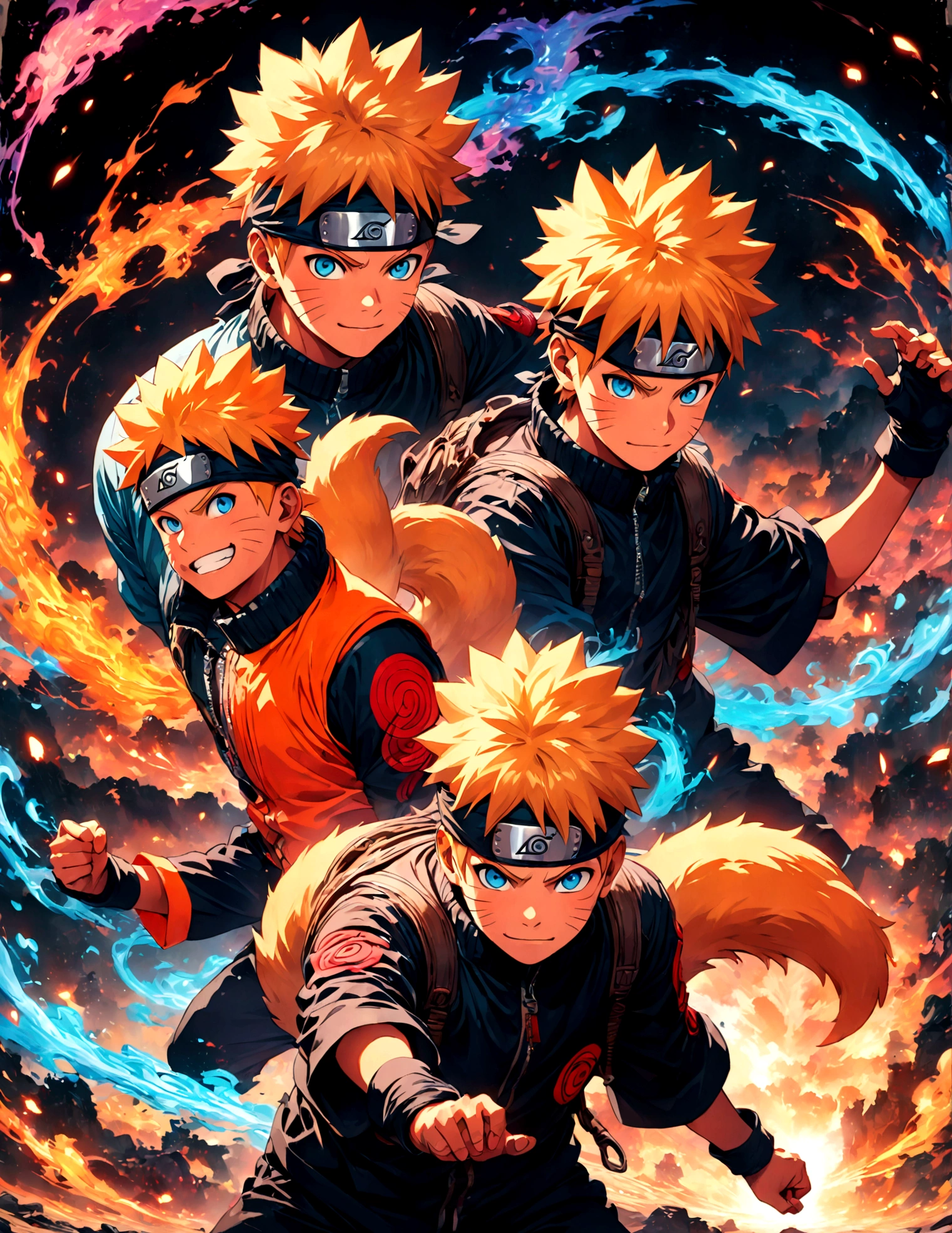 (1 teenager,uzumaki naruto),comics『Naruto』character,Focus on boys,Scroll to expand,Use of magic,Fighting Style,Sarcastic smile,Magical Effects,Intricate details,Wide range of colors,artwork,rendering,(masterpiece:1.3),(highest quality:1.4),(Very detailed:1.5),High resolution,Very detailed,unity 8k wallpaper,Enjoy the fight,Draw a nine-tailed fox in neon colors on the background