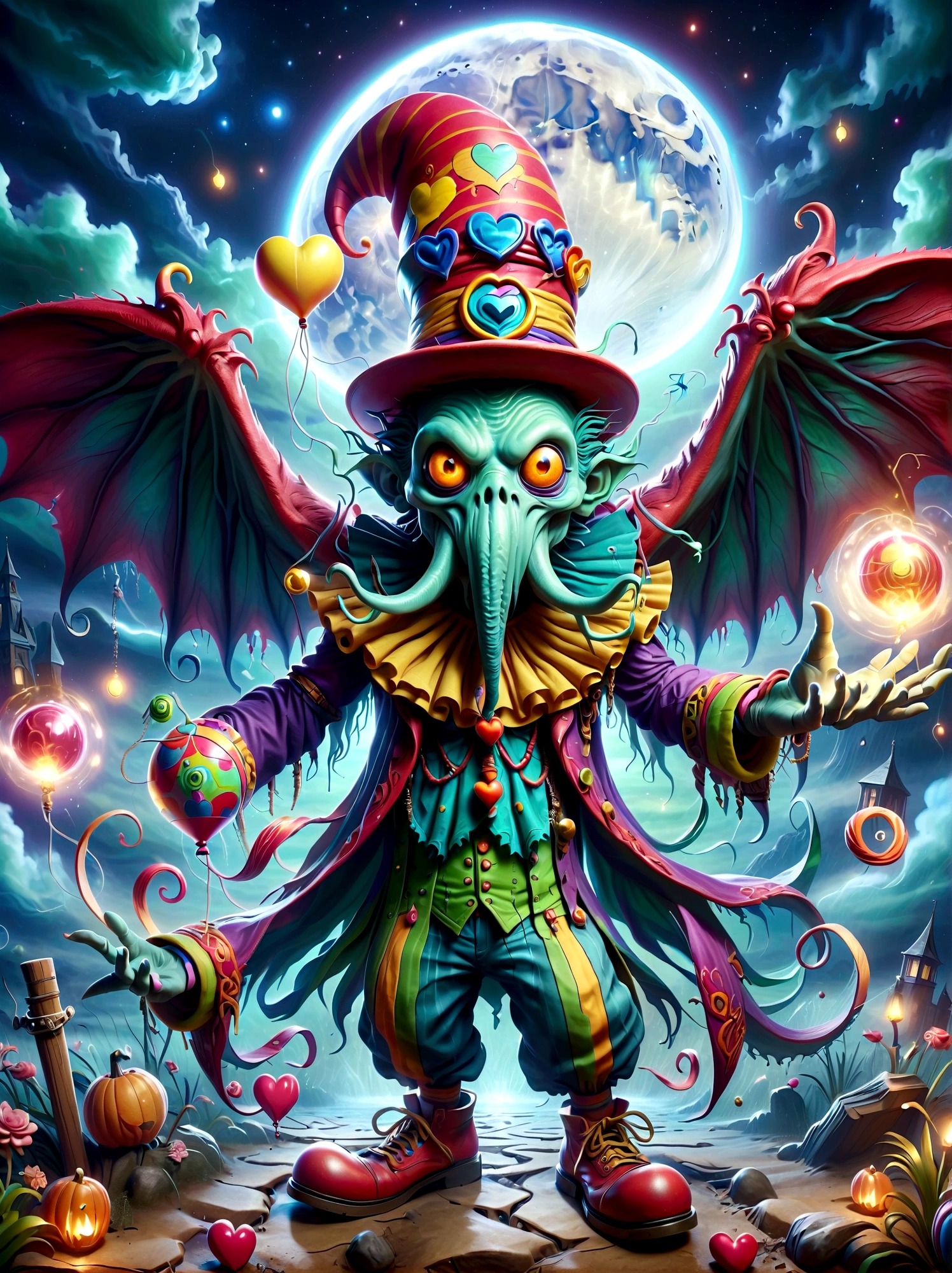 (A Cthulhu monster:1.5)，Dress up as a clown，With a mischievous smile on his face，Eyes wide open，sparkling，His figure is slender，Dressed in chaotic and brightly colored clothes，Includes an ornate hat with a heart symbol，Baggy pants and oversized shoes，This character shows vivid excitement，Arms open，As if preparing to perform magic，Hovering in an otherworldly landscape