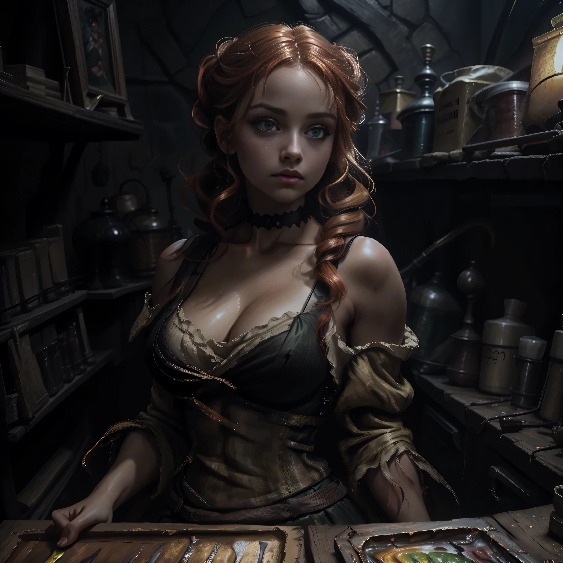 painting of a woman with blonde hair and a choker in a black dress, Art style by John Collier, Maiden with short coppery red hair, style by Karol Bak, a young red haired woman, pigtails, Portrait of a young witch, No Bowater Art Style, portrait of princess merida, Dave Sim, shadowy palace, black lacy bra. Bare shoulders, bare stomach, Lace choker, artwork -raw, highest quality, (alone), (perfect face: 1.3), (high detail: 1.2), Dramatic, 1girl, angel, (pale skinned), (huge breasts), eyebrows light, night, ample cleavage, sweat on , glistening, prominent nipple outline, lots of jewellery, head adornments, green eyes, pouty lips. Detailed palace background, cinematic lighting from the side, detailed and beautiful hair, pale skinned, large lips, juicy lips beautiful lips, detailed and beautiful green eyes, round face, young  girl, perfect hands, perfect eyes, perfect face,