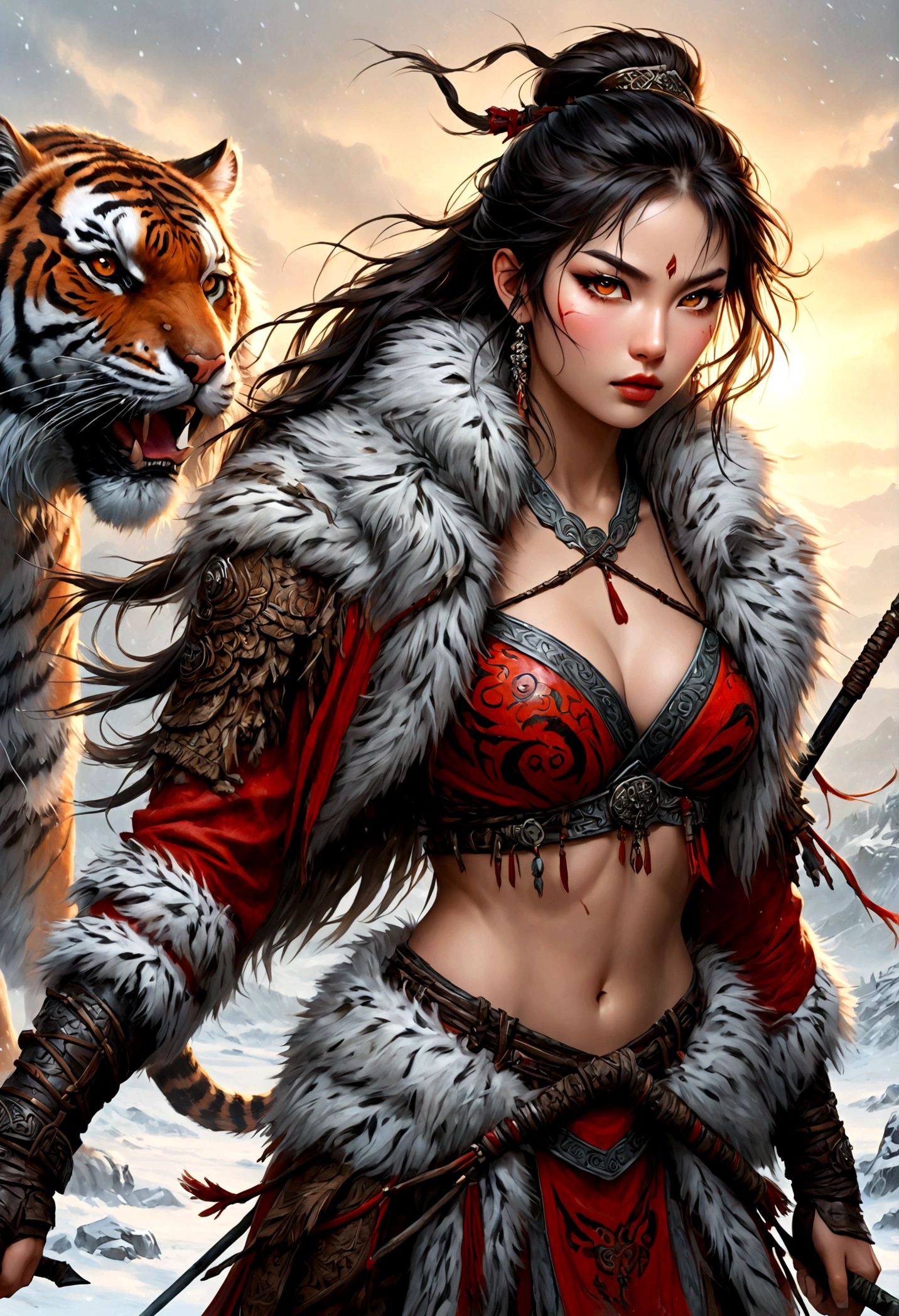 (best quality,4k,8K,high resolution,masterpiece:1.2),Very detailed,(actual,photoactual,photo-actual:1.37),Thick fur winter coat,Creative fusion of traditional Chinese design patterns and contemporary elements, High Ponytail，There is blood on the face，Red paint， Strong expression, Full of energy, Sharp eyes, 1 warrior, Handsome face, Tiger beast, Epic Fantasy Character Art, wearing intricate fur armor, Luis Royo (Luis Royo) style, Northern female warrior holding a spear, HDR, Ultra high quality, Studio Lighting, Ultra-fine, Be focused, Physically Based Rendering, Very detailed的描述, professional, Vibrant colors, Bokeh, portrait, landscape