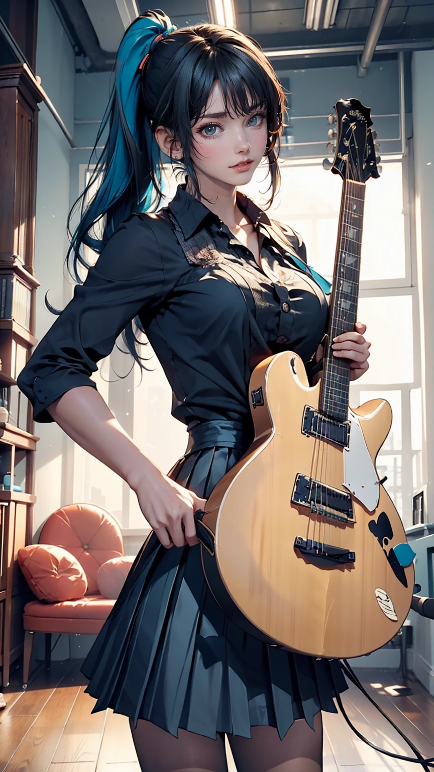 ((masterpiece, highest quality))One Girl, alone, Black Dress, blue eyes, electric guitar, guitar, Headphones, Double Ponytail, Holding, Holding plectrum, musical instrument, Long Hair, music, One side up, Turquoise Hair, Twin tails, guitarを弾く, Pleated skirt, Black Shirt, interior