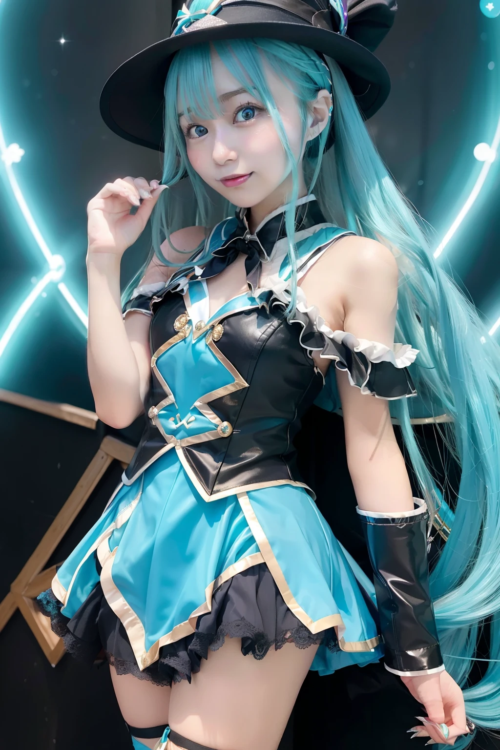 初音未來服裝黑暗魔法師吉爾斯, 美麗年輕的初音未來打扮成黑暗魔法師吉爾, 很長的淺藍色頭髮, 藍眼睛, 魔術師套裝與魔術師帽子... 街上的萬聖節背景. 光. 多霧路段. 董事會成員.