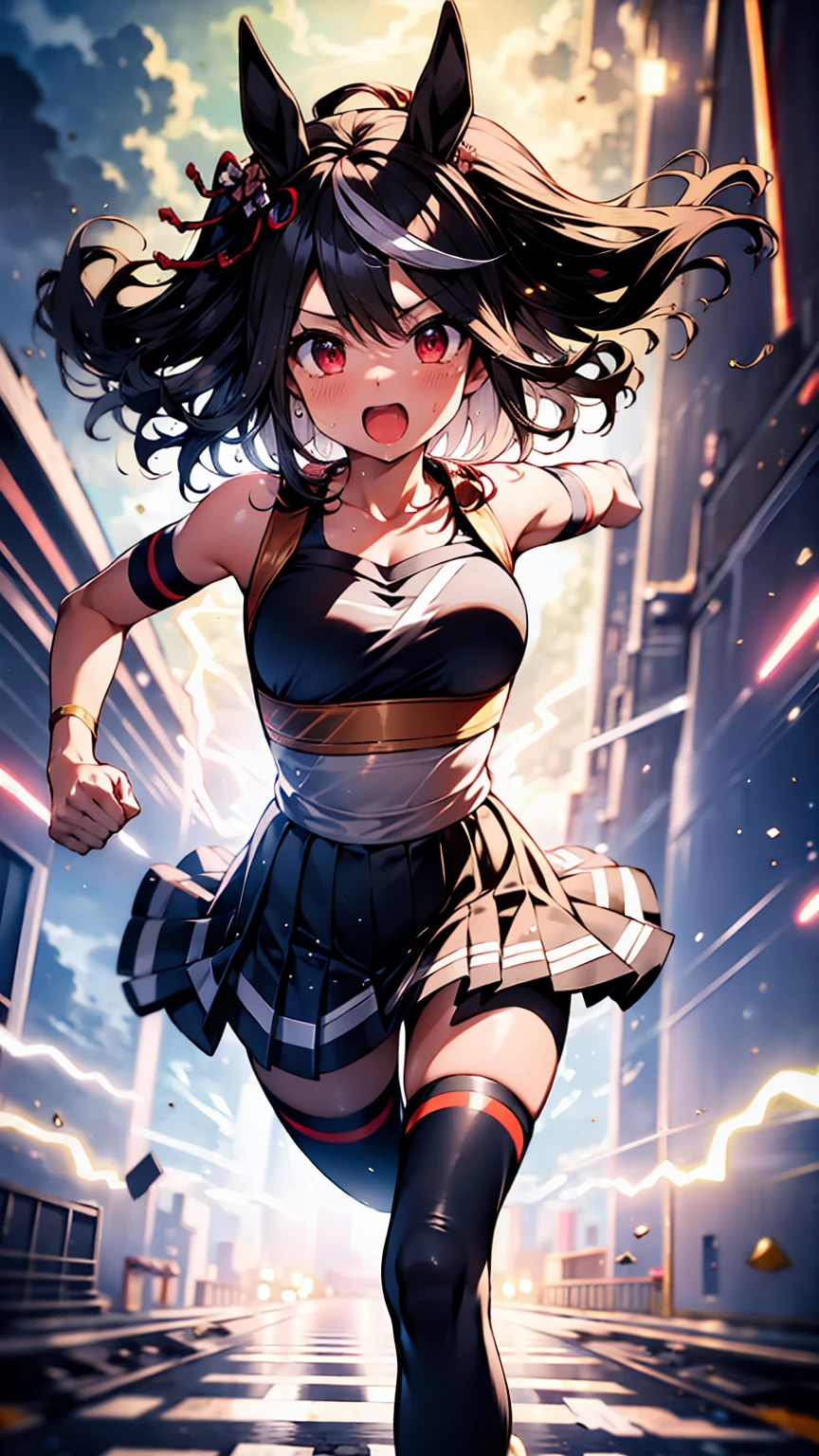Best image quality、High resolution、masterpiece、super high quality、grit、run、颯爽とrun、Sweaty、Very short pleated skirt、Heavy breathing、Blushing、4K quality、Black Pantyhose、shout、Explosive、Burst speed、sonic、light speed、Open your mouth wide、もの凄い勢いでrun、A big storm is brewing
