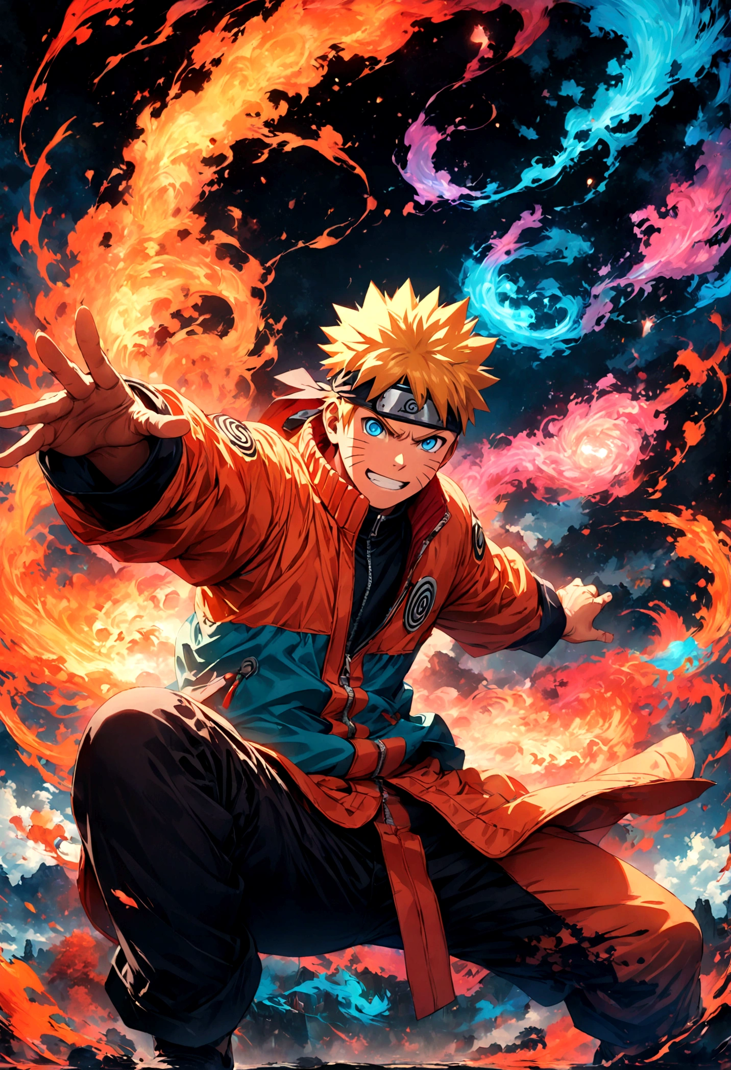 (1 teenager,uzumaki naruto),comics『Naruto』character,Focus on boys,Scroll to expand,Use of magic,Fighting Style,Sarcastic smile,Magical Effects,Intricate details,Wide range of colors,artwork,rendering,(masterpiece:1.3),(highest quality:1.4),(Very detailed:1.5),High resolution,Very detailed,unity 8k wallpaper,Enjoy the fight,BREAK,Draw a nine-tailed fox in neon colors on the background