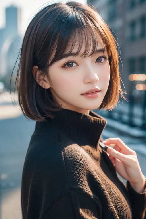 (((Face close-up)))、(((Brown, shoulder-length, straight short bob)))、(((She has the New York skyline in the background、Posing like a model at a beauty salon。.)))、(((Casual black long sleeve winter outfit)))、Half Japanese and half Korean、18-year-old girl、Independent、Look forward、Light eye makeup、Brown Hair Color、Flat 、Hair blowing in the wind、Quality of actress、Shiny, Ultra-realistic face、smileの表情、Watery eyes、look up、Subtle lighting effects、 Ultra-Realistic Capture、Very detailed、High resolution 16K human skin close-up。Skin texture must be natural、The details must be clear enough to identify pores.、skin is healthy、Must be of uniform tone、Use natural light and color、Classic high-quality images taken by modeling agencies&#39;Exclusive photographer、smile