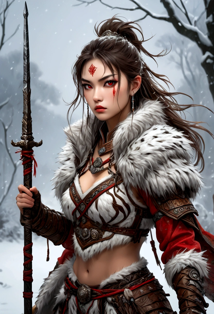 (best quality,4k,8K,high resolution,masterpiece:1.2),Very detailed,(actual,photoactual,photo-actual:1.37),Thick fur winter coat,Creative fusion of traditional Chinese design patterns and contemporary elements, High Ponytail，There is blood on the face，Red paint， Strong expression, Full of energy, Sharp eyes, 1 warrior, Handsome face, Tiger beast, Epic Fantasy Character Art, wearing intricate fur armor, Luis Royo (Luis Royo) style, Northern female warrior holding a spear, HDR, Ultra high quality, Studio Lighting, Ultra-fine, Be focused, Physically Based Rendering, Very detailed的描述, professional, Vibrant colors, Bokeh, portrait, landscape