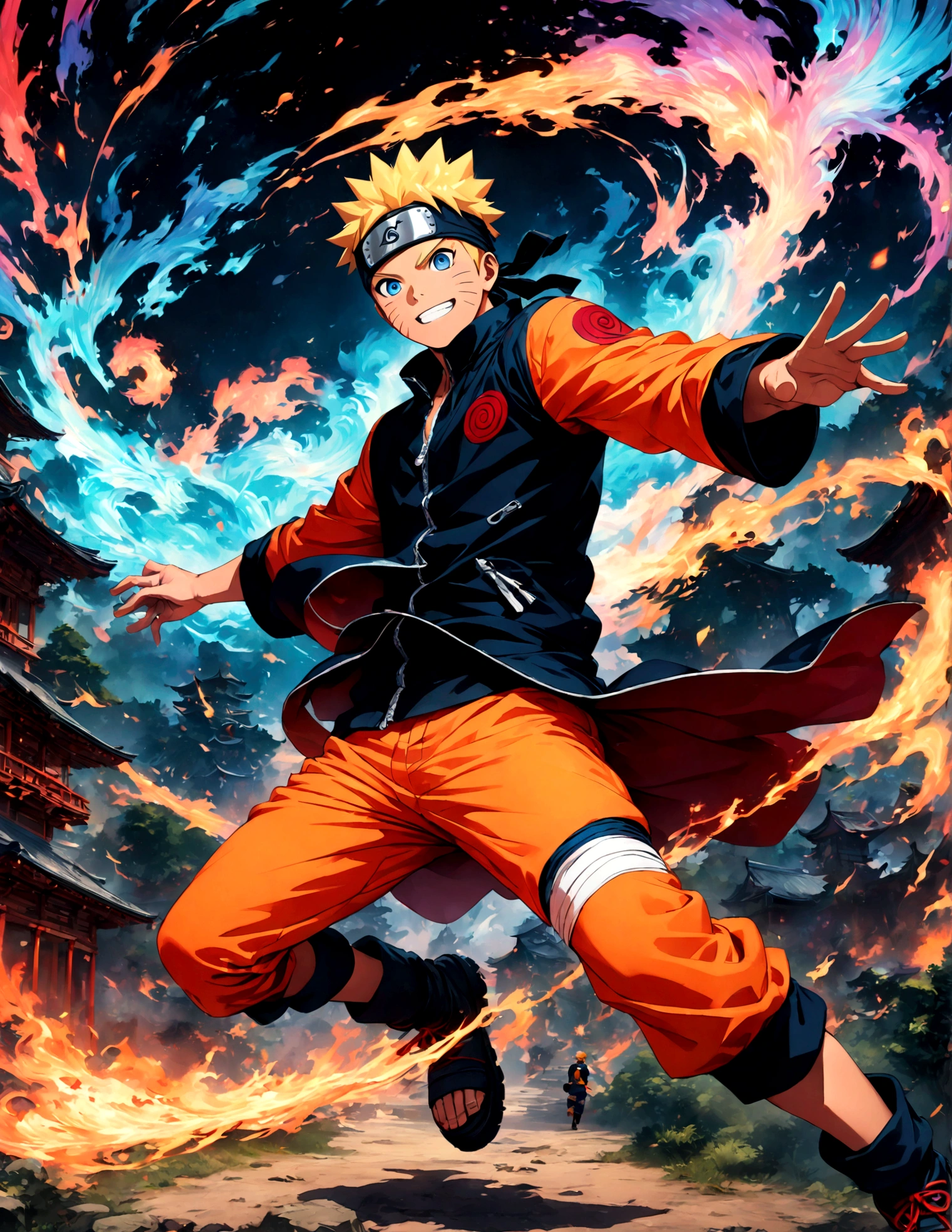 (1 teenager,uzumaki naruto),comics『Naruto』character,Focus on boys,Scroll to expand,Use of magic,Fighting Style,Sarcastic smile,Magical Effects,Intricate details,Wide range of colors,artwork,rendering,(masterpiece:1.3),(highest quality:1.4),(Very detailed:1.5),High resolution,Very detailed,unity 8k wallpaper,Enjoy the fight,