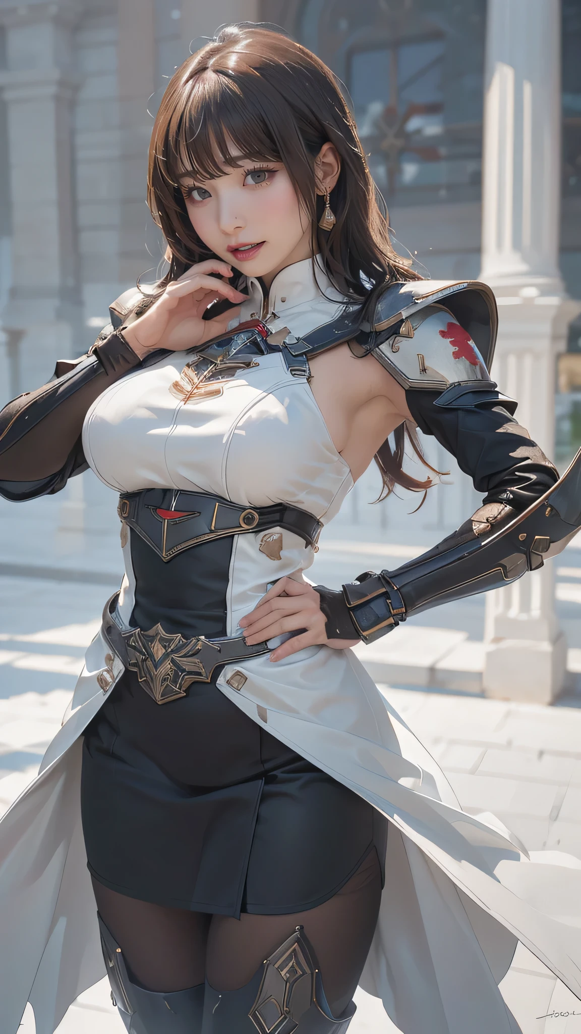 (dynamic fighting pose),(leather boots,(asymmetrical mecha armor),(long embroidered white lace dress,see through,lift up the hem of the dress)),(random hairstyle),(Thin type:1.8),(large breasts),(Highest image quality,(8K), Ultra-realistic, Best Quality, High quality, High Definition, high quality texture, high detailing, Beautiful detailed, fine detailed, extremely details CG, Detailed texture, realistic representation of face, masterpiece, presence)