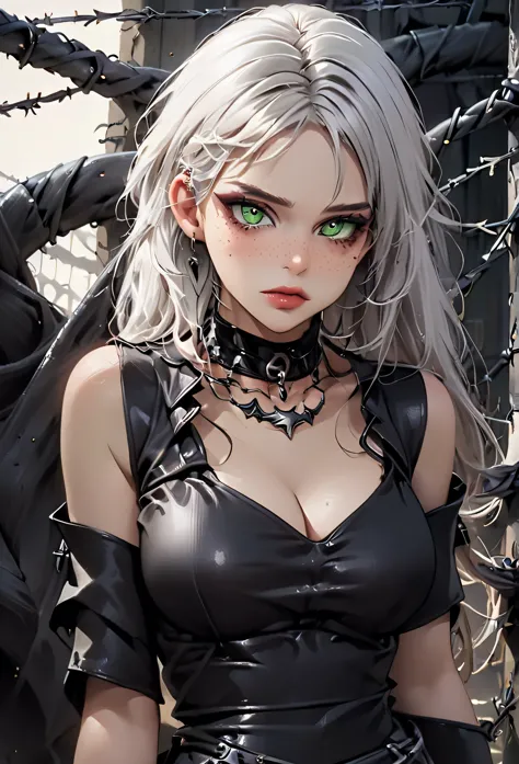 1 girl, white hair, piercing green eyes, slight smirk, full lips, black nails, barbed wire everywhere (black barbed wire coils),...