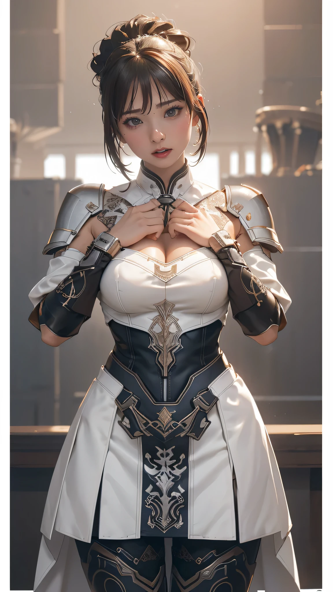 (dynamic fighting pose),(leather boots,(asymmetrical mecha armor),(long embroidered white lace dress,see through,lift up the hem of the dress)),(random hairstyle),(Thin type:1.8),(large breasts),(Highest image quality,(8K), Ultra-realistic, Best Quality, High quality, High Definition, high quality texture, high detailing, Beautiful detailed, fine detailed, extremely details CG, Detailed texture, realistic representation of face, masterpiece, presence)