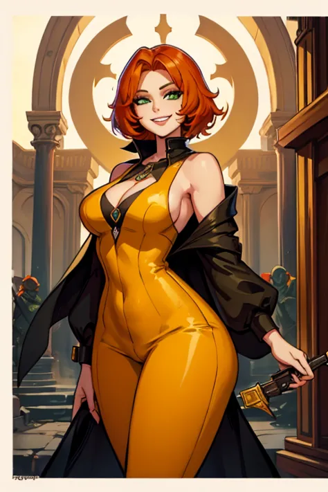 An orange haired female reaper with green eyes with an hourglass figure in a yellow jumpsuit is smiling in a mauseleum