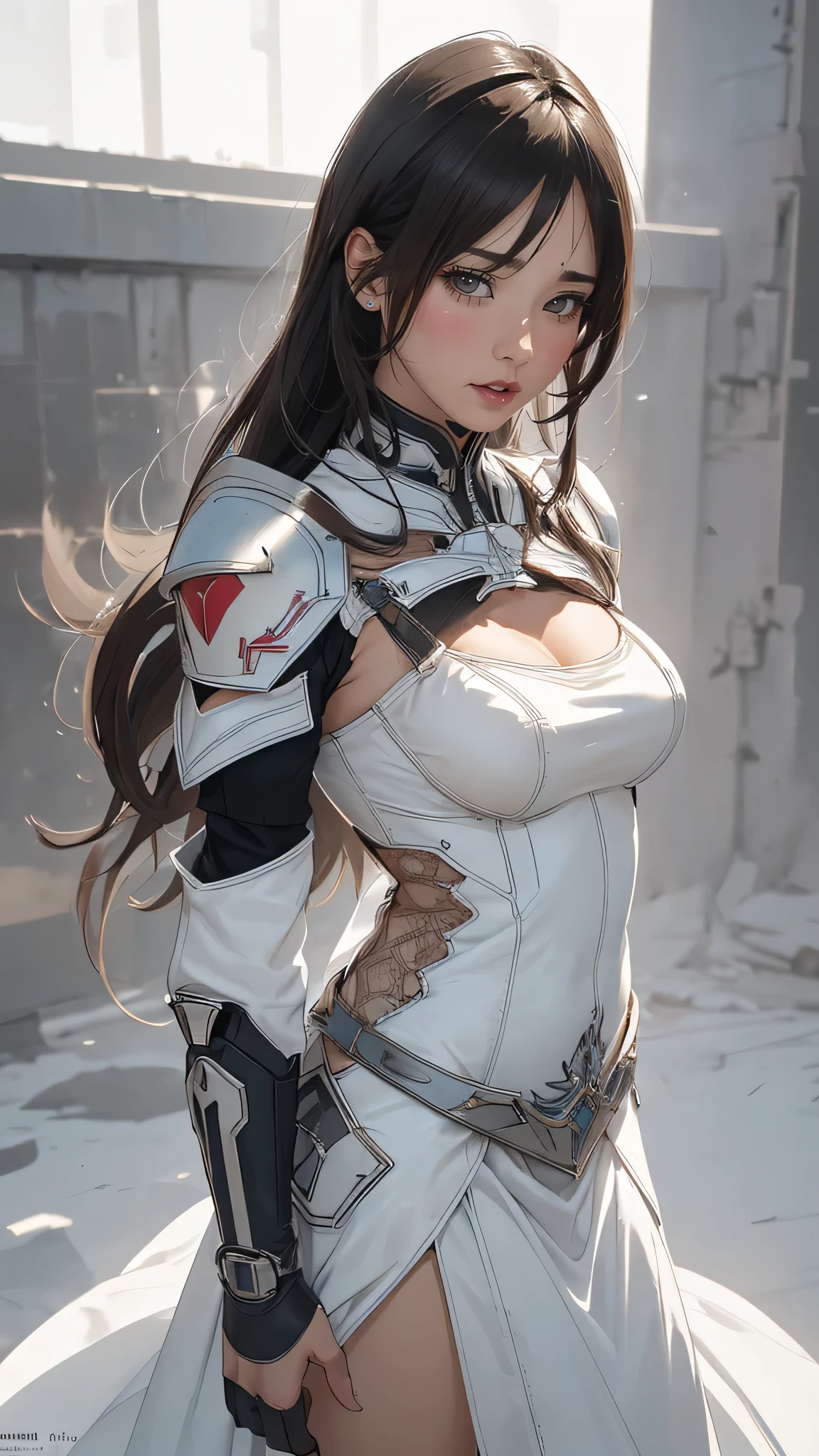 (dynamic fighting pose),(leather boots,(asymmetrical mecha armor),(long embroidered white lace dress,see through,lift up the hem of the dress)),(random hairstyle),(Thin type:1.8),(large breasts),(Highest image quality,(8K), Ultra-realistic, Best Quality, High quality, High Definition, high quality texture, high detailing, Beautiful detailed, fine detailed, extremely details CG, Detailed texture, realistic representation of face, masterpiece, presence)