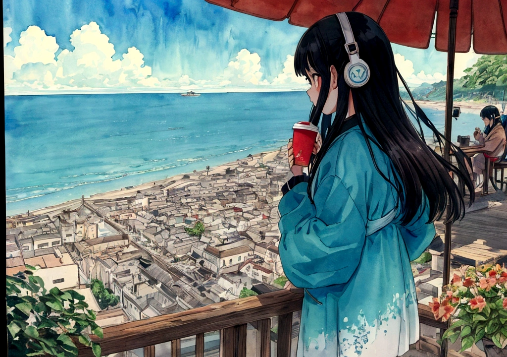 European girl with medium long hair、Overlooking the nearby sea、Enjoy a coffee on the terrace of a cafe.1 cup， Back view of a person leaning on his elbows and looking at the sea，dream, Please wear headphones, Analog Color Theme, Lo-fi Hip Hop , retrospective exhibition, flat, 2.5D ,Draw a line, Ink Painting, Osaka Road, Watercolor, Gouache Color, Studio Ghibli style, Very colorful, Outerton, Krautlock, Lofi Art,Old Texture, amplitude,Psychedelic atmosphere, masterpiece, Technology of Wonders，Darken the room，Beautiful early morning seaside