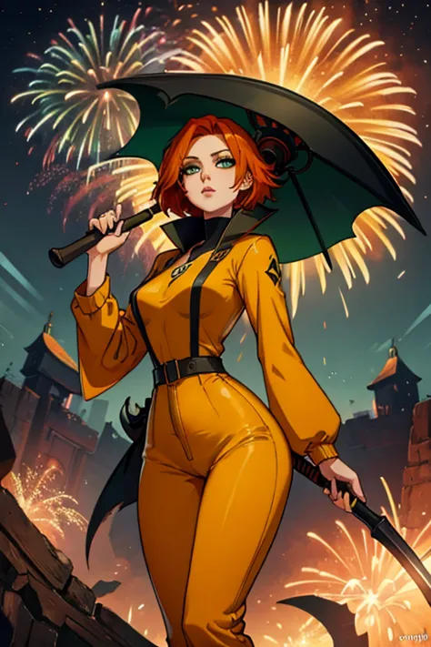 An orange haired female reaper with green eyes with an hourglass figure in a yellow jumpsuit is  is watching fireworks with her ...