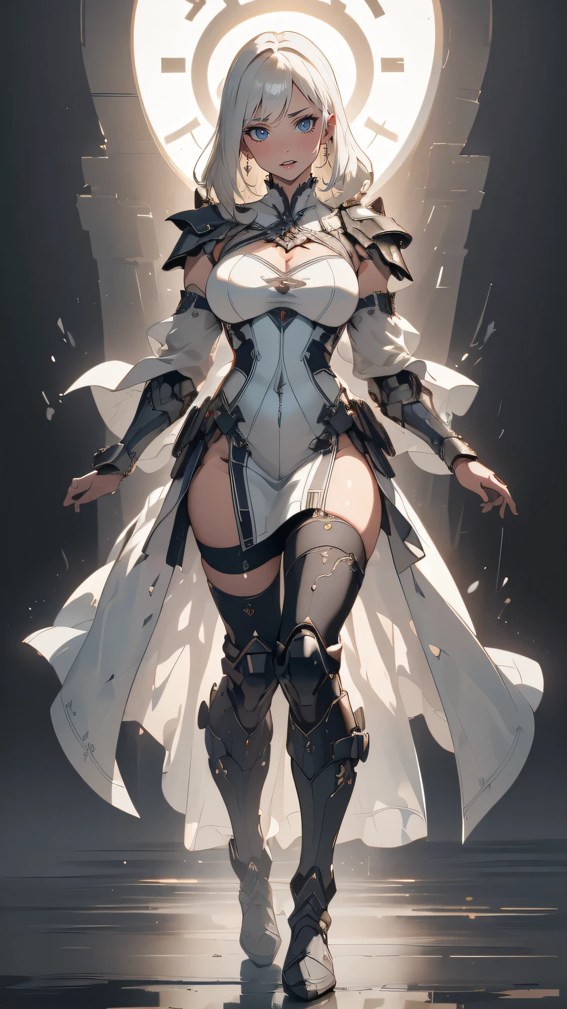 (dynamic fighting pose),(leather boots,(asymmetrical mecha armor),(long embroidered white lace dress,see through,lift up the hem of the dress)),(random hairstyle),(Thin type:1.8),(large breasts),(Highest image quality,(8K), Ultra-realistic, Best Quality, High quality, High Definition, high quality texture, high detailing, Beautiful detailed, fine detailed, extremely details CG, Detailed texture, realistic representation of face, masterpiece, presence)