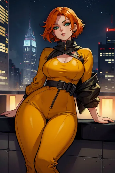 An orange haired female reaper with green eyes with an hourglass figure in a yellow jumpsuit is reading on a rooftop at night