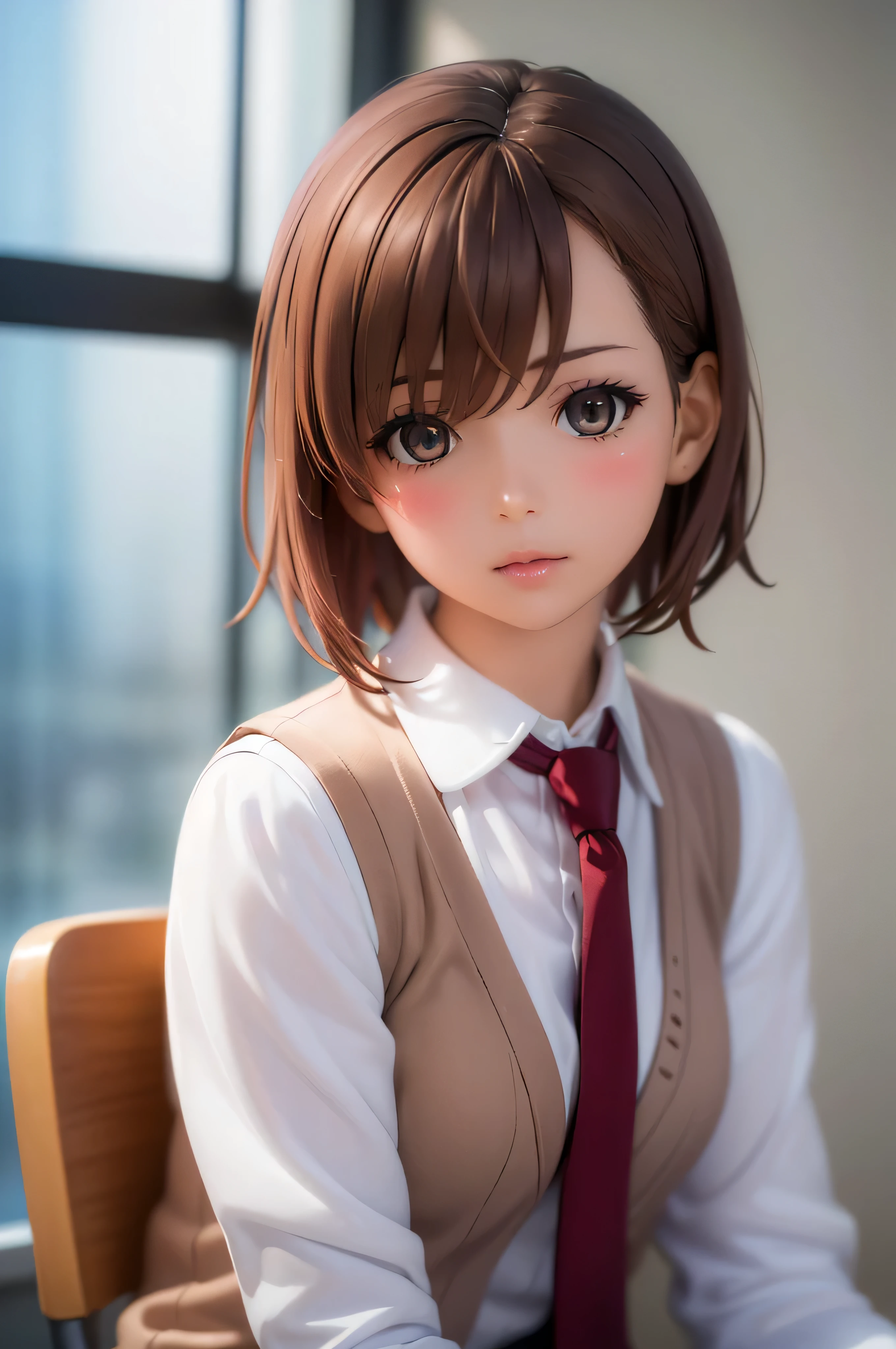 (photoRealistic:1.8), (masterpiece, Side light, Exquisite beautiful eyes: 1.5), masterpiece*Portraiture, Realistic, 3D Face, (((Pixel Perfect, Perfect in every detail))), alone, 1 girl, misaka mikoto, Tabletop、Exquisite design、Visual Arts、　(Tabletop, highest quality, High resolution, , Pixel perfect, 4K,), 1 girl, single, alone, Beautiful woman、I could see the whole body, ((Detailed face, blush:1.2)) Medium chest, Dynamic Angle, Perfect body, ((short hair:1.9, Brown Hair:1.6)), (flowing bangs, Golden Eyes, Long-term:1.4, Small eyes, long eyelashes chest:1.4), ((High-quality fabric, Light brown cardigan vest:1.4, Light grey pleated skirt, White collared shirt, Dark red tie)), (Beautiful views), Daytime, (School classroom), Are standing, (Mouth closed), 