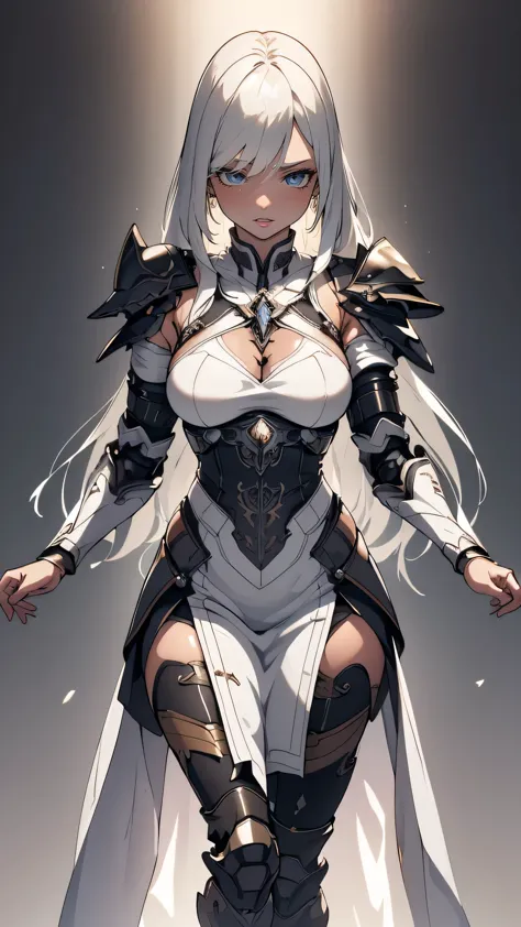 (dynamic fighting pose),(leather boots,(asymmetrical mecha armor),(long embroidered white lace dress,see through,lift up the hem...