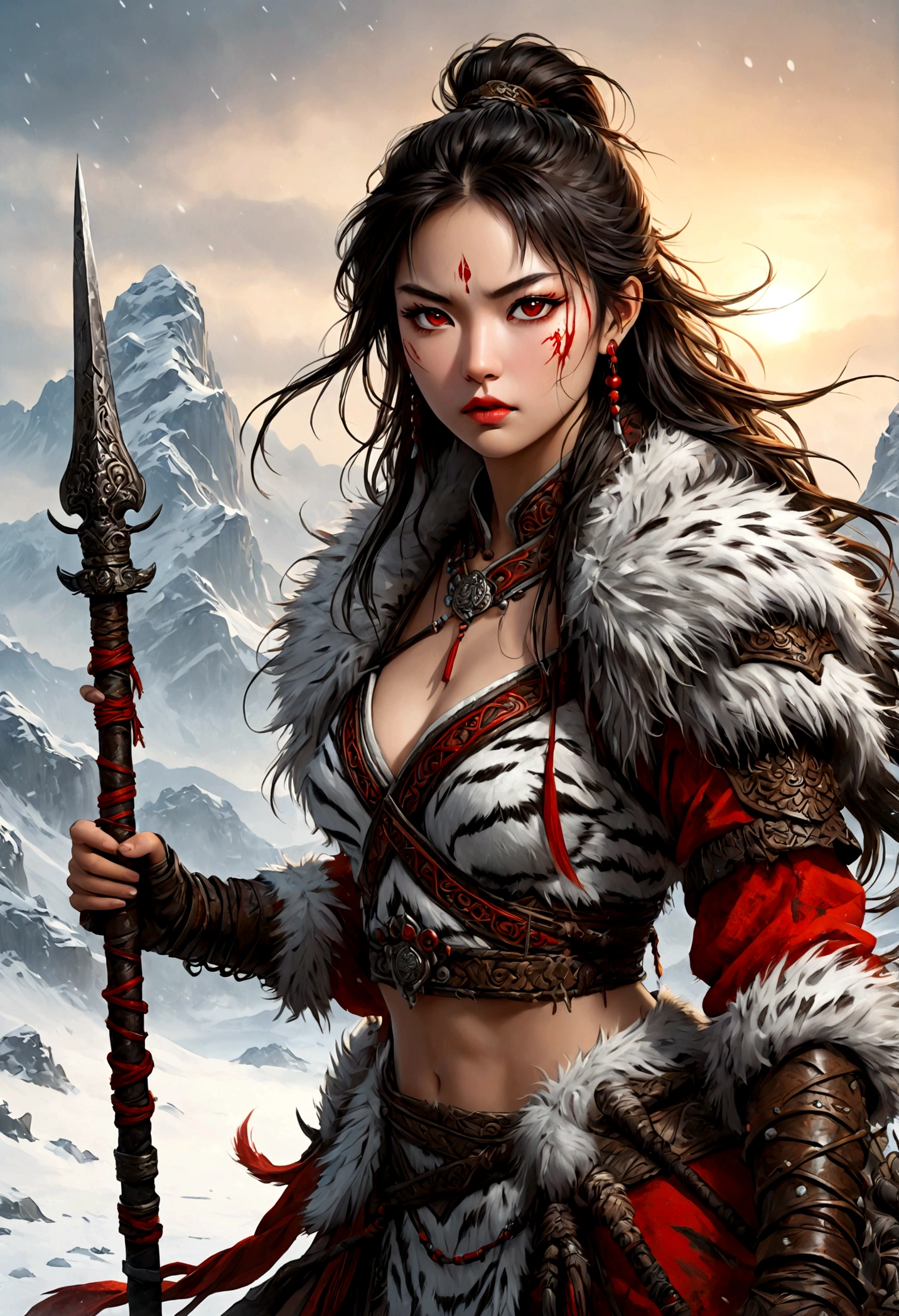 (best quality,4k,8K,high resolution,masterpiece:1.2),Very detailed,(actual,photoactual,photo-actual:1.37),Thick fur winter coat,Creative fusion of traditional Chinese design patterns and contemporary elements, High Ponytail，There is blood on the face，Red paint， Strong expression, Full of energy, Sharp eyes, 1 warrior, Handsome face, Tiger beast, Epic Fantasy Character Art, wearing intricate fur armor, Luis Royo (Luis Royo) style, Northern female warrior holding a spear, HDR, Ultra high quality, Studio Lighting, Ultra-fine, Be focused, Physically Based Rendering, Very detailed的描述, professional, Vibrant colors, Bokeh, portrait, landscape