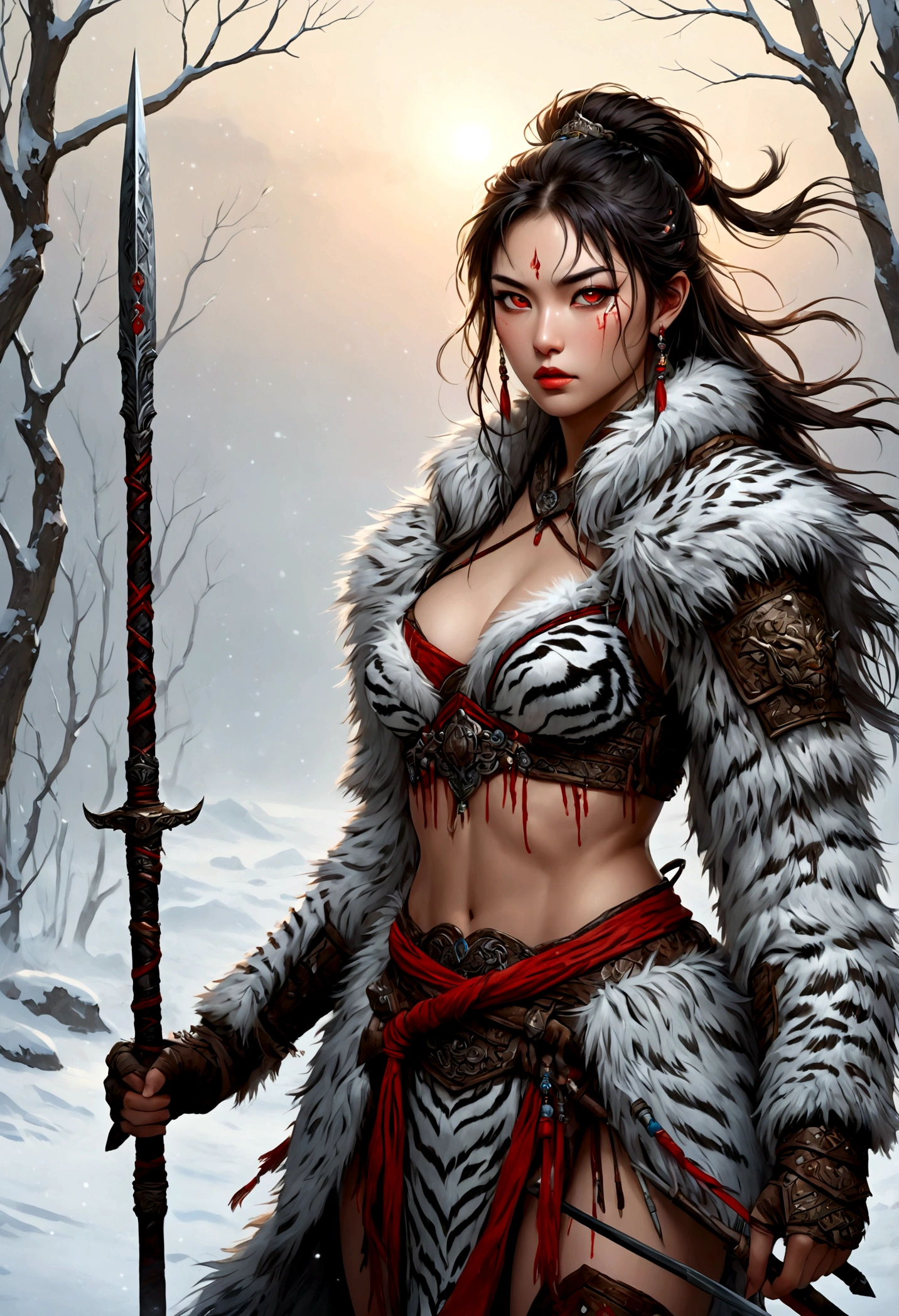 (best quality,4K,8k,high resolution,masterpiece:1.2),Very detailed,(current,photocurrent,photo-current:1.37),Thick fur winter coat,Creative fusion of traditional Chinese design patterns and contemporary elements, High Ponytail，There is blood on the face，Red paint， Strong expression, Full of energy, Sharp eyes, 1 warrior, Handsome face, Tiger beast, Epic Fantasy Character Art, wearing intricate fur armor, Luis Royo (Luis Royo) style, Northern female warrior holding a spear, HDR, Ultra high quality, Studio Lighting, Ultra-fine, Be focused, Physically Based Rendering, Very detailed description, professional, Vibrant colors, bokeh, portrait, landscape