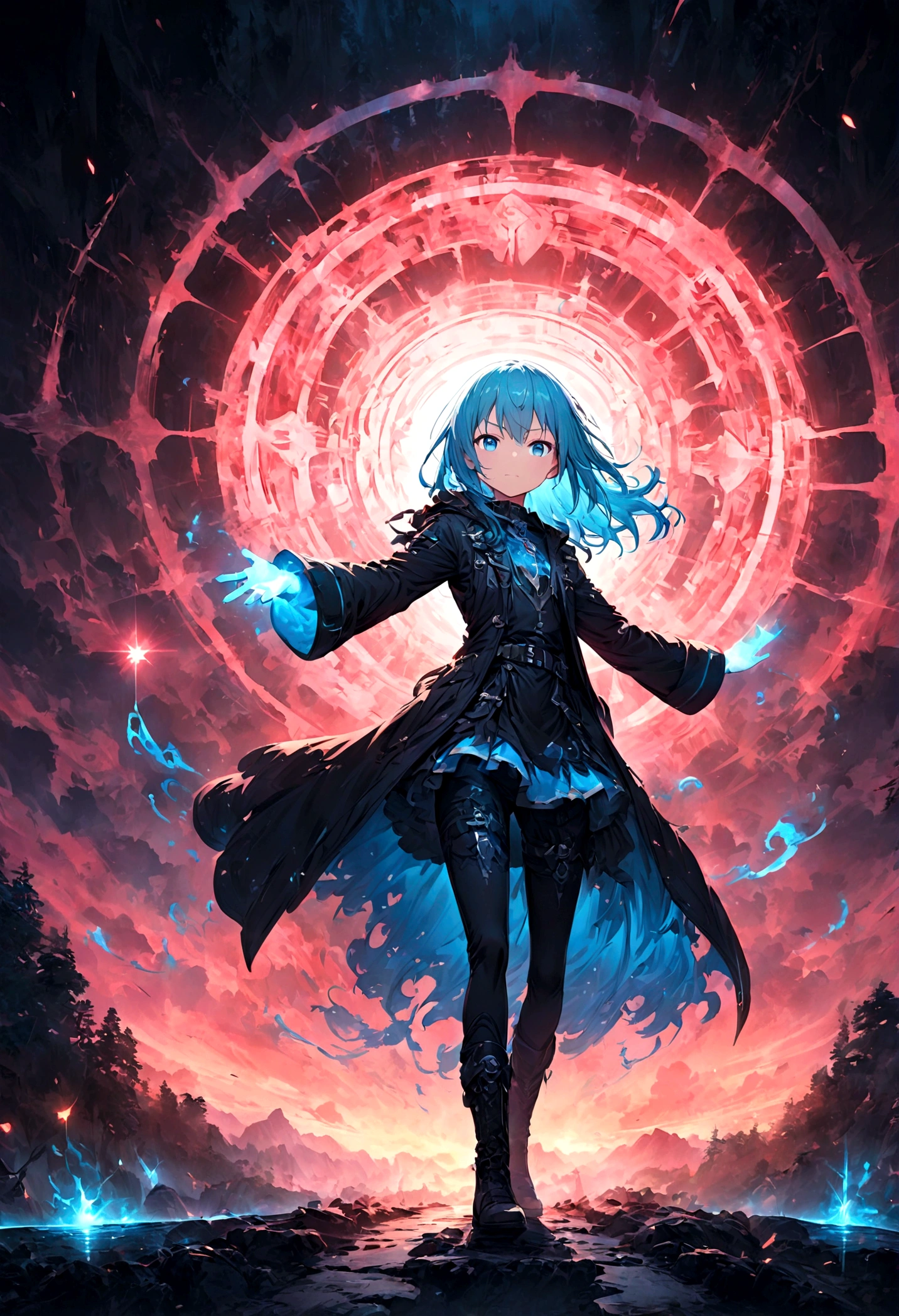 1 teenager,Rimuru Tempest,Create an image of Rimuru Tempest from the manga and anime 'That Time I Got Reincarnated as a Slime'. Rimuru has blue hair and blue eyes, and is often depicted in a stylish outfit, such as a black coat and boots. Show him in a friendly and calm demeanor, exuding both strength and wisdom. He can be in a relaxed standing pose or in the middle of using magic, with a confident expression. The background should depict a fantasy world, possibly a lush forest or a beautiful landscape. For battle scenes, include a grand battlefield or magical effects. Add special effects like magical energy, light, or wind to emphasize his abilities. Highlight his aura and the dramatic atmosphere.,(masterpiece:1.3),(highest quality:1.4),(Super detailed:1.5),High resolution,Very detailed,unity 8k wallpaper,