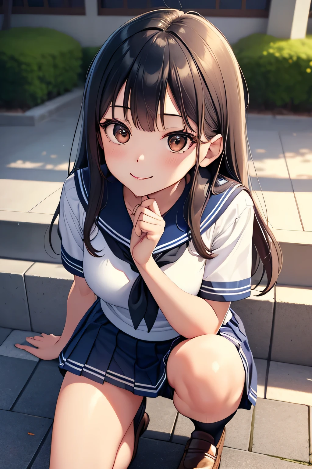 (超High resolution,4K,Very detailed, photograph, 8k, High resolution, High resolution, Absurd:1.2),18 year old Japanese female,expensive,Long black hair,Beautiful character design,Beautifully detailed eye depiction,Perfect Face,Expressive eyes,Brown eyes,Please smile with your teeth showing,(Short sleeve, Cute white sailor suit, Dark blue pleated skirt, Navy sailor collar, Sailor scarf, socks, Brown Loafers:1.1),Don&#39;t tuck your sailor uniform into your skirt,(Huge breasts:1.2),(See-through bra:0.3),Tight waist,In the living room,Daytime,Cowboy Shot