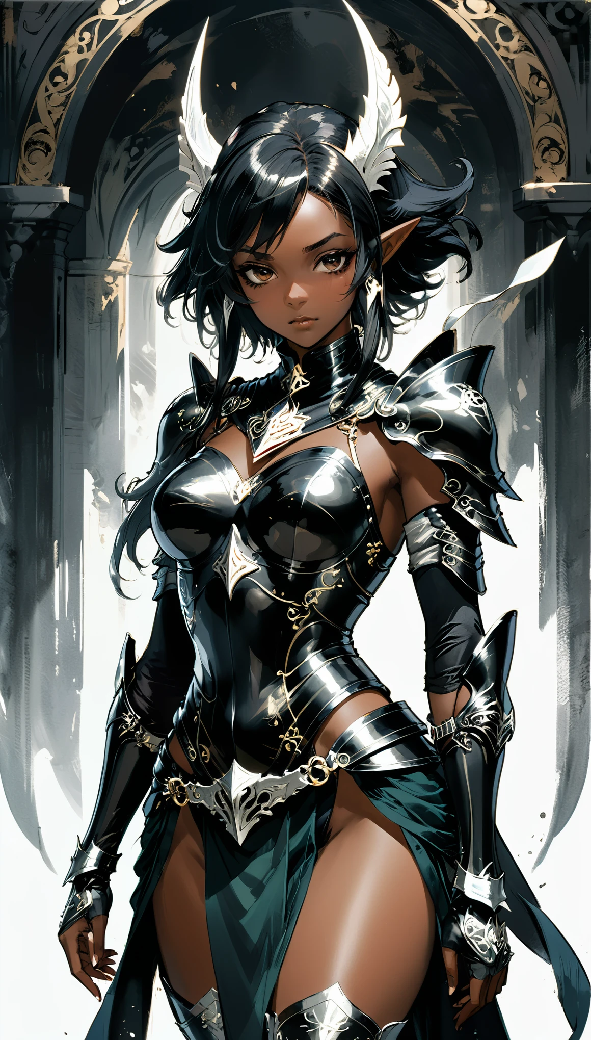 (al estilo de Ashley Wood:0.9),
1 chica,piel oscura,elven ears,(dark elf:1.1),pecho plano,oscuridad,Mago con armadura,acción, (Expresiones y movimientos faciales expresivos., Acción dinámica:1.8),La expresión de mirar hacia abajo al mundo BREAK
(armadura barroca negra:1.1),(armadura de cuerpo completo:1.2),musculos solidos,Ultra transparente,
guro,bosquejo,anime de los 80,