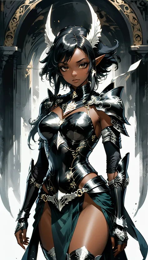 (in style of Ashley Wood:0.9),
1girl,dark skin,elven ears,(dark elf:1.1),flat chest,darkness,Magician in armor,action, (Expressi...