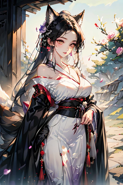 A black haired fox woman with violet eyes with an hourglass figure and black fox ears and a black fox tail in a pretty kimono is  blushing in a flurry of peony petals