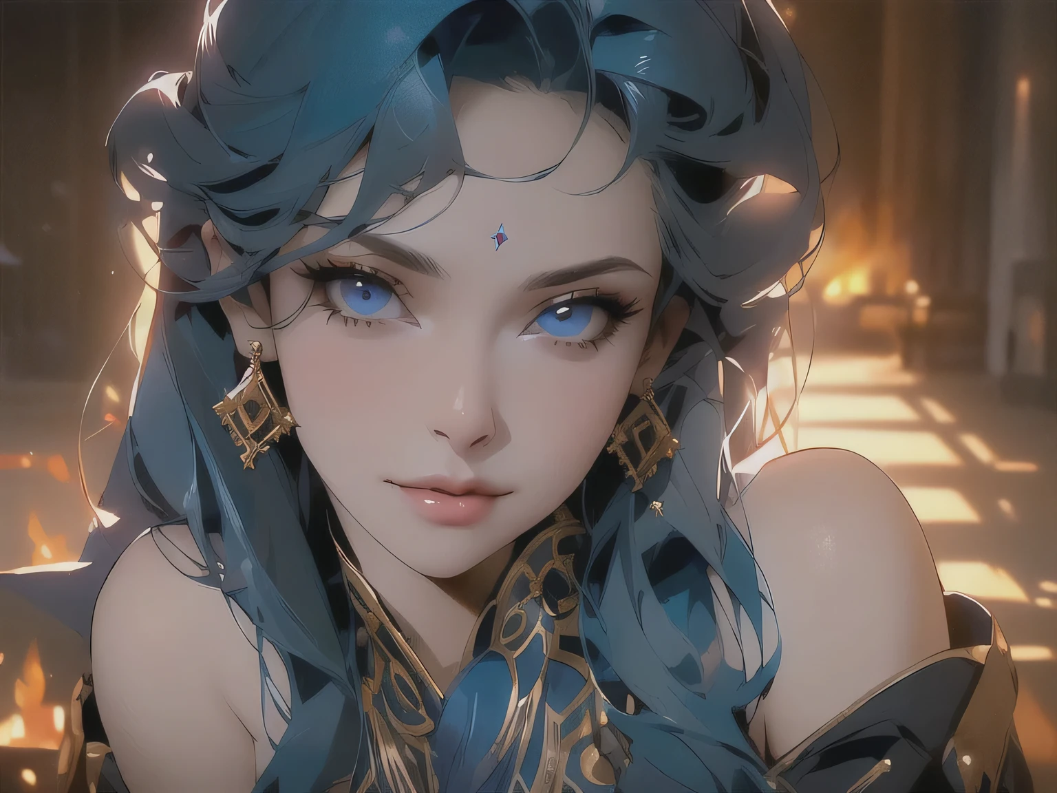 ((best quality)), ((masterpiece)), (detailed), perfect detailed eyes, perfect detailed face, ultra-detailed nose, beauty, cowboy shot, blue hair, devil, demon, adult lady, sexy, dark dress, gold embroidery, night, fires, flame, around fire, throne, dark fantasy
