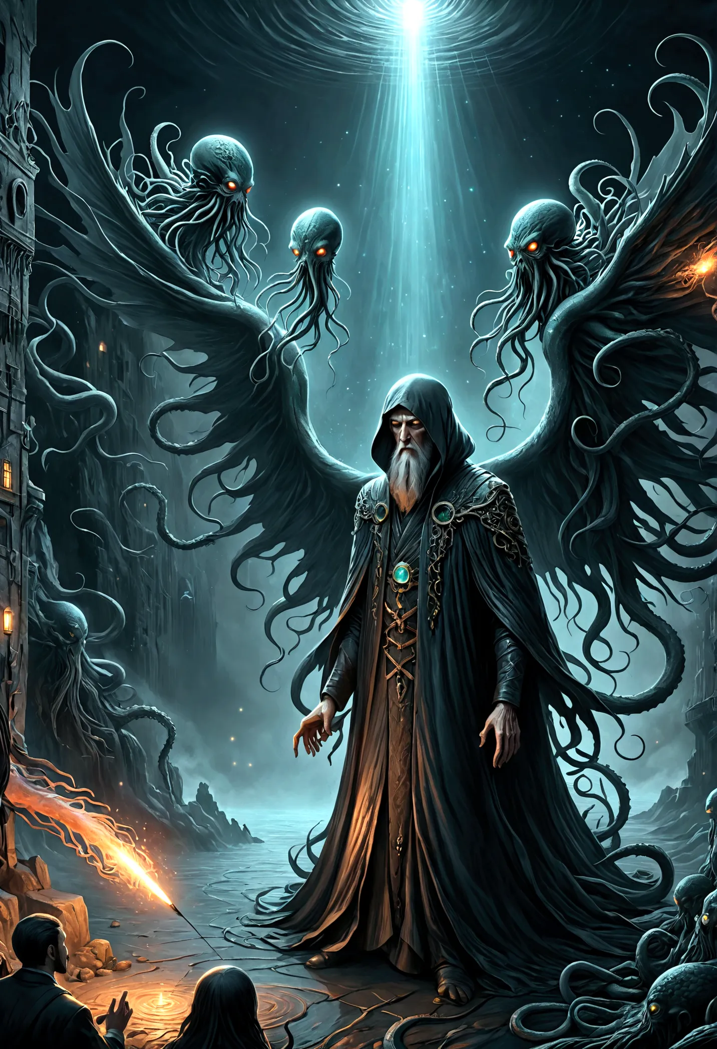 a terrifying ancient eldritch entity, cthulhu mythos, cosmic horror, long tentacles, wings, divine and demonic form, cloak, cont...